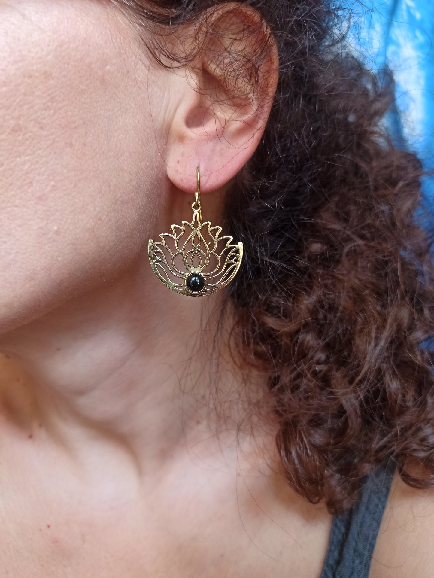 Gold Boho Earrings Black Lotus Flower