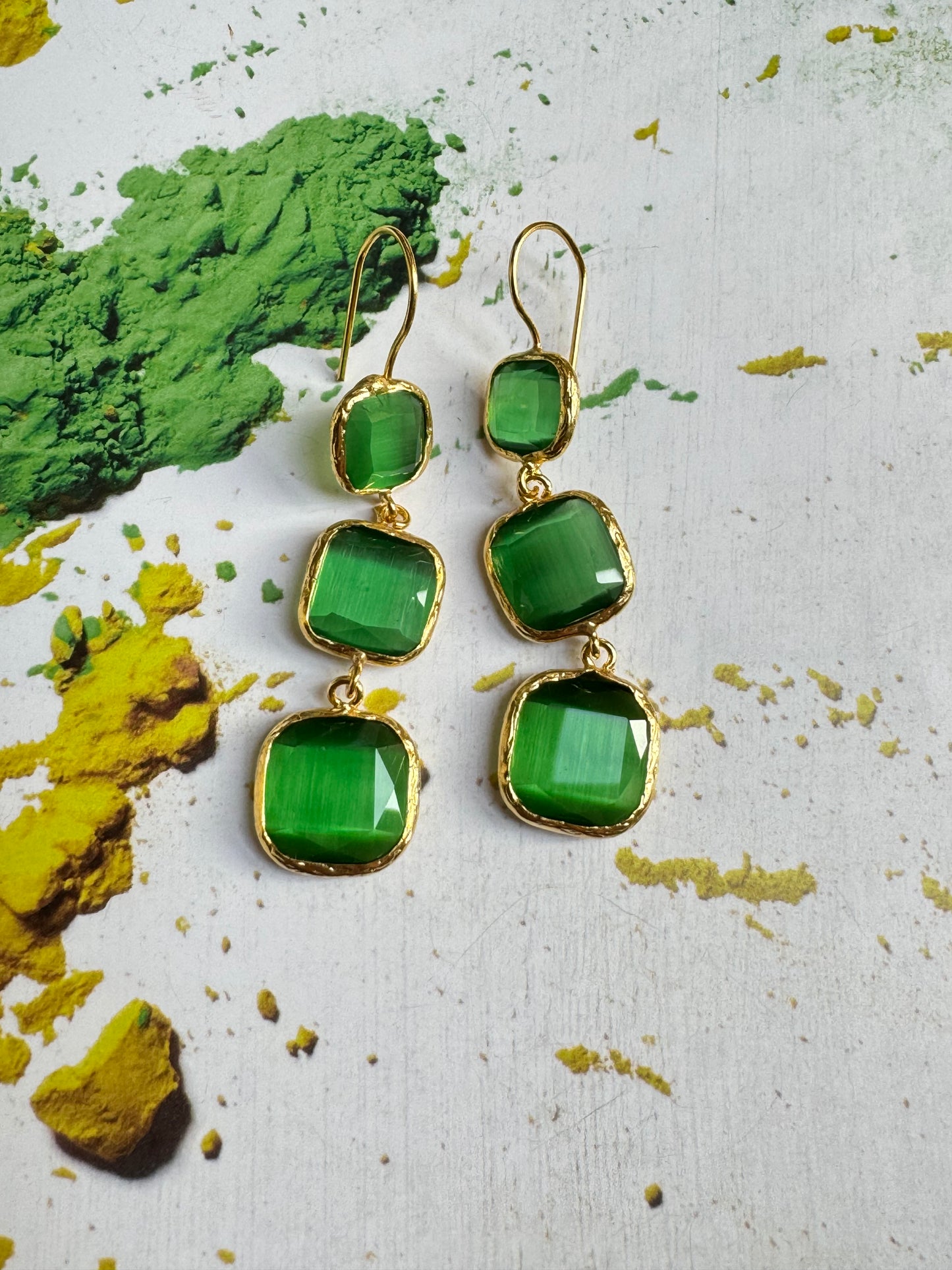 3 green stone earrings