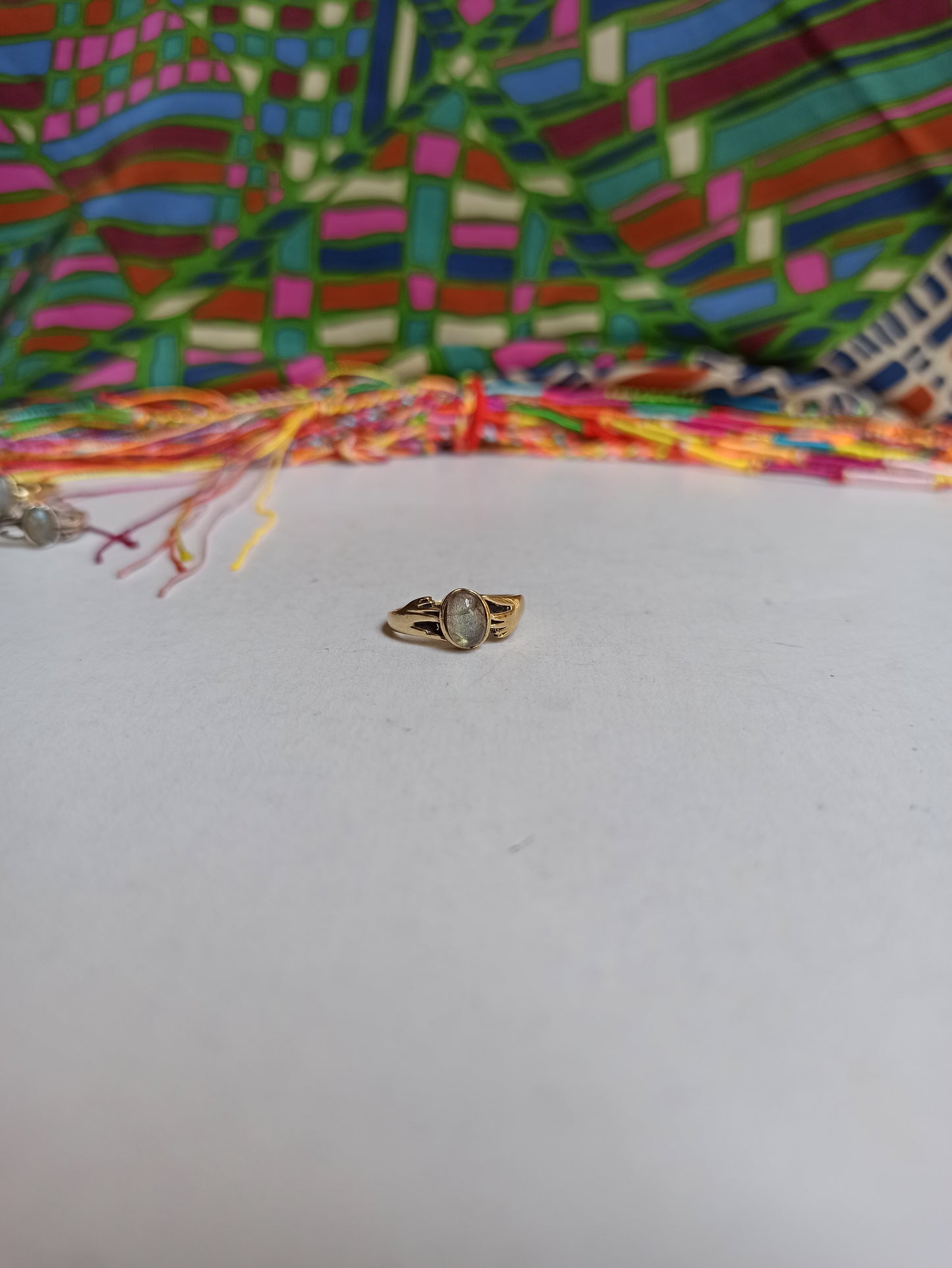 Golden labradorite boho ring with little hands