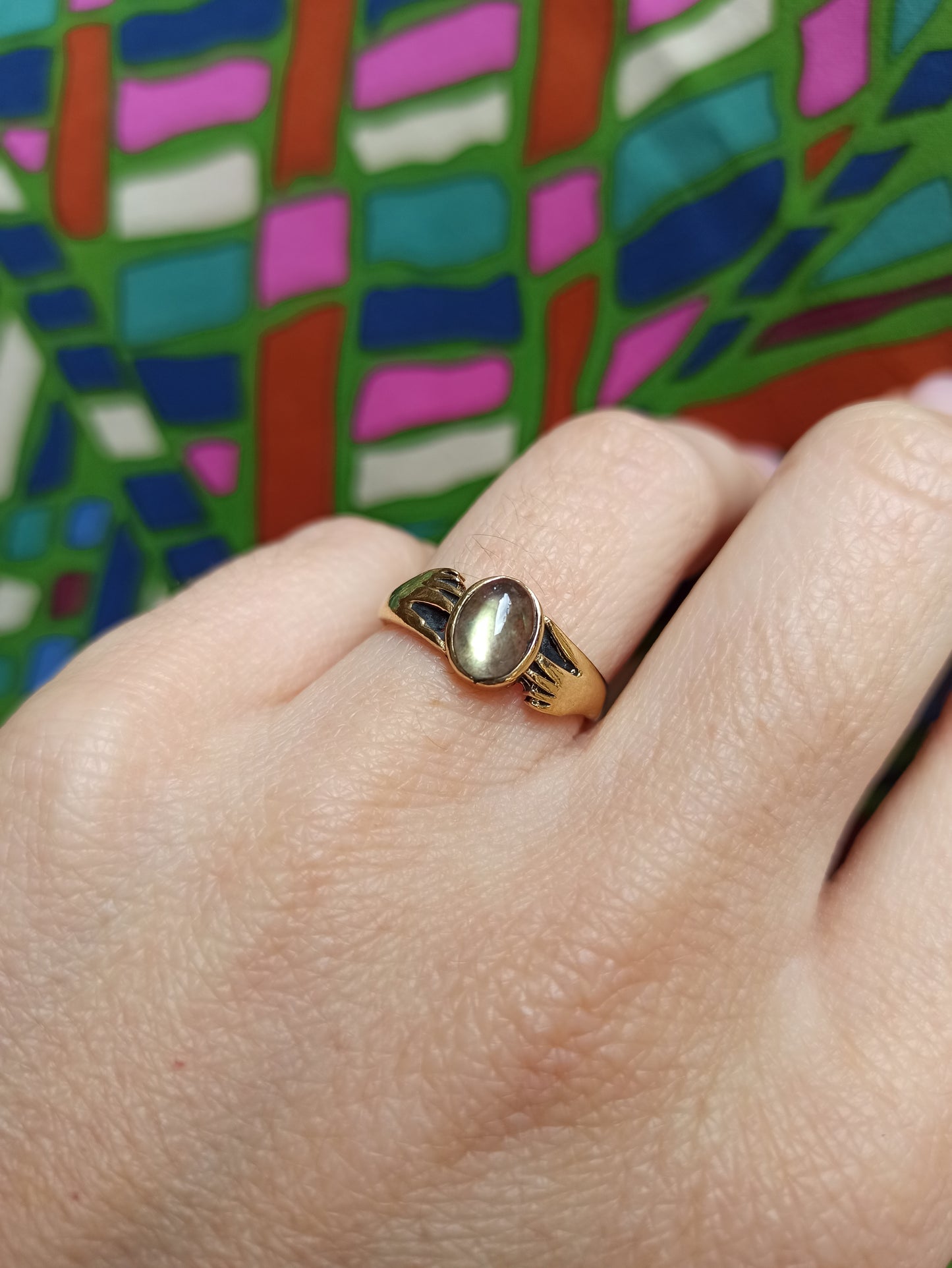 Golden labradorite boho ring with little hands