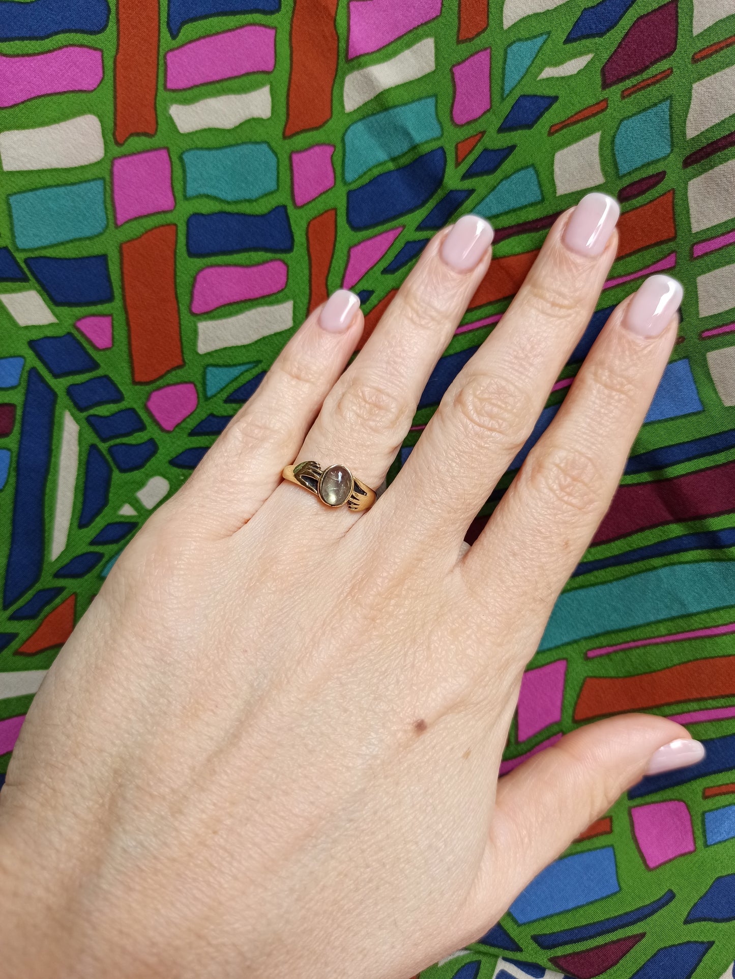 Golden labradorite boho ring with little hands