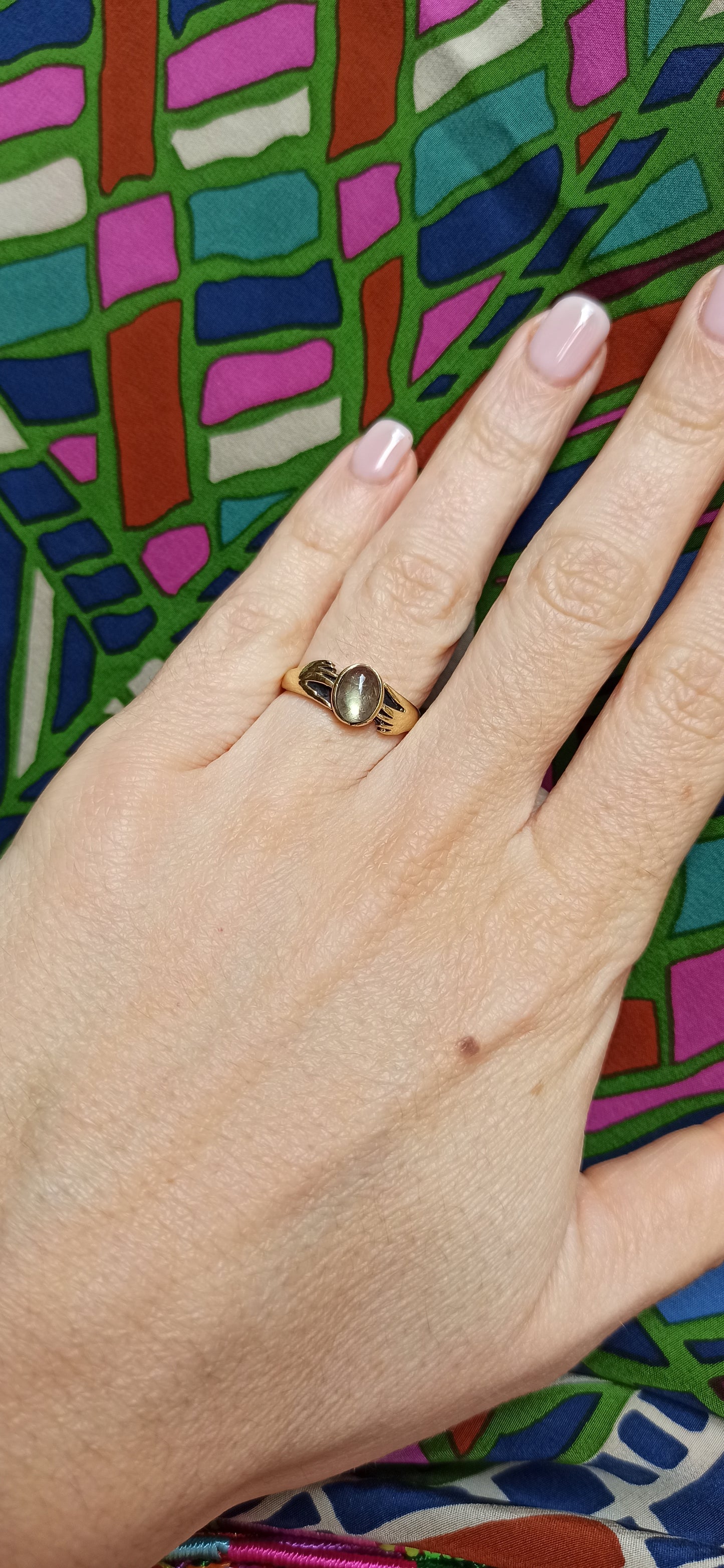 Golden labradorite boho ring with little hands