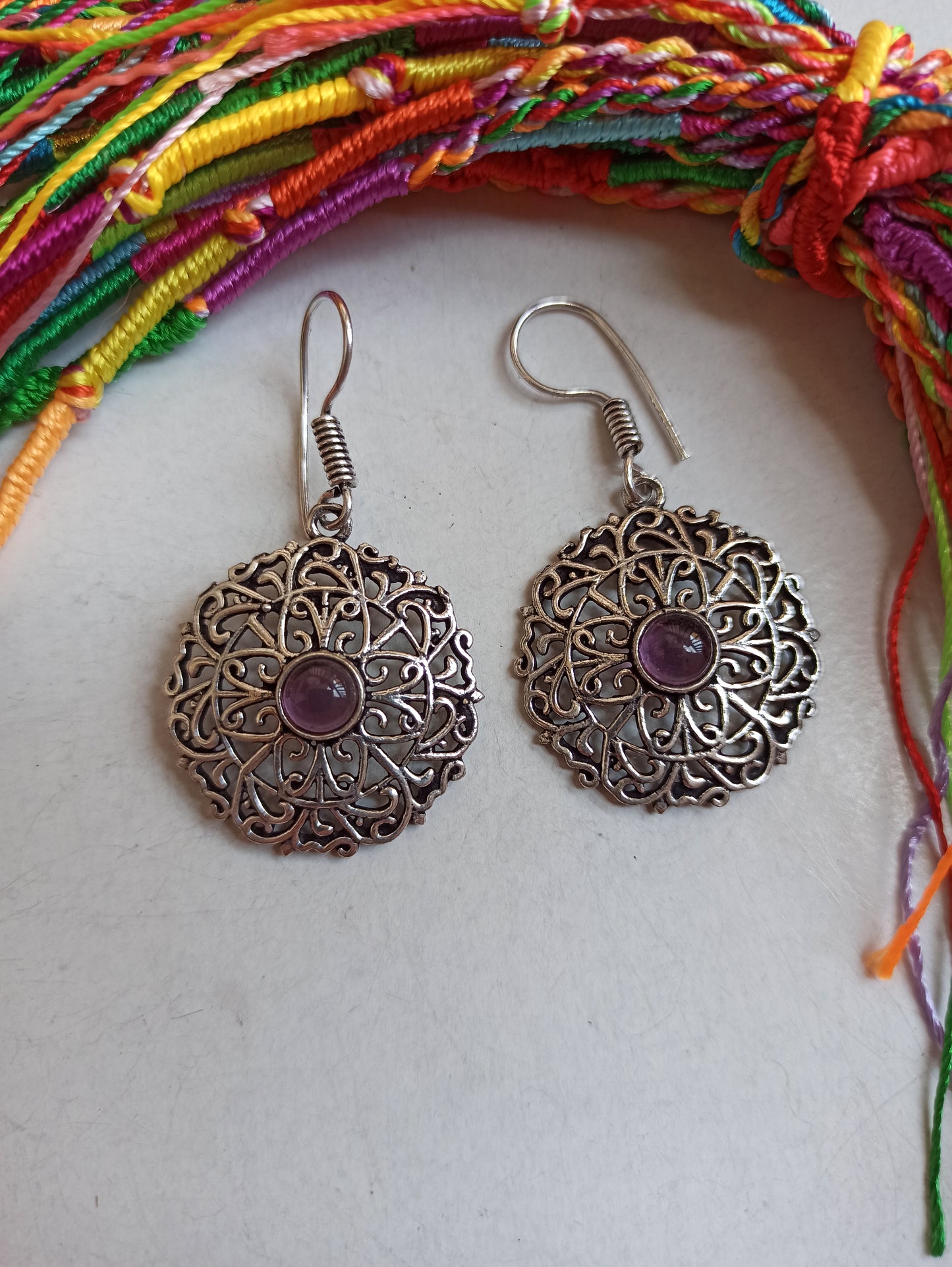 Purple rosette silver boho earrings