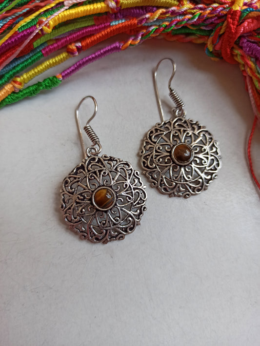 Brown rosette silver boho earrings