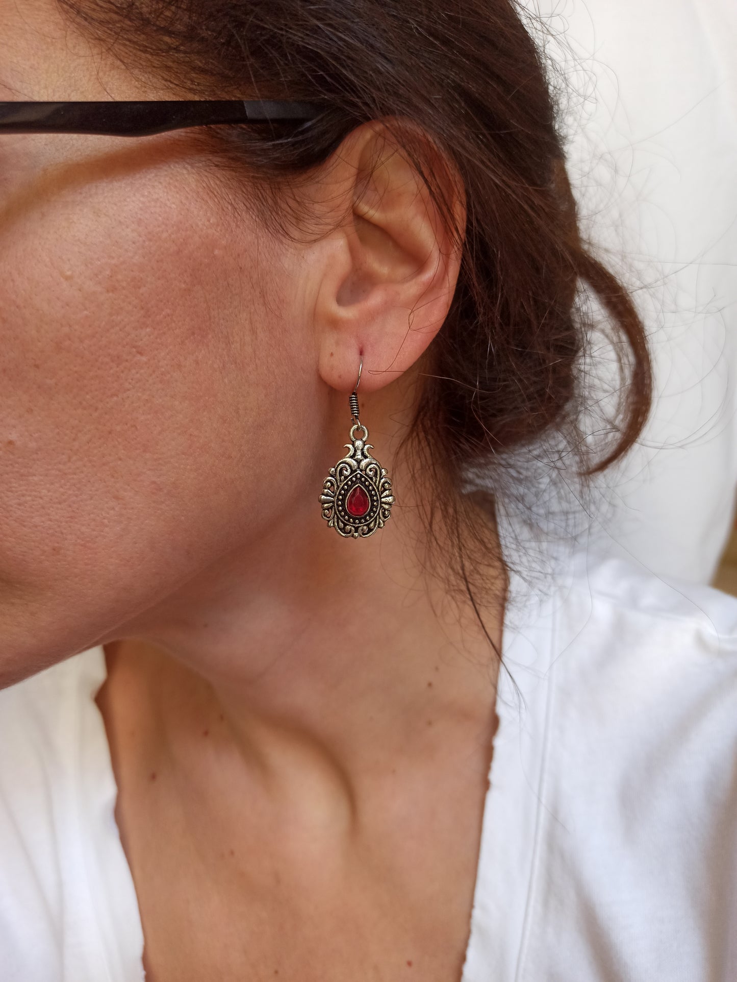 Silver boho drop earrings with red decoration