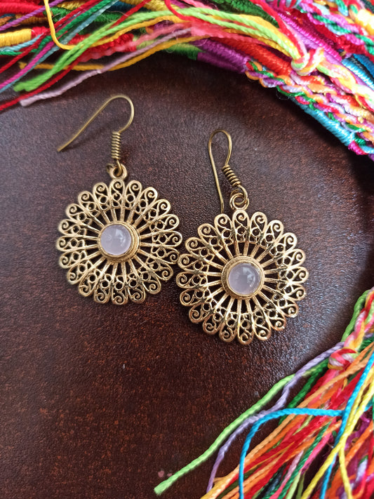 Pink rosette golden boho earrings