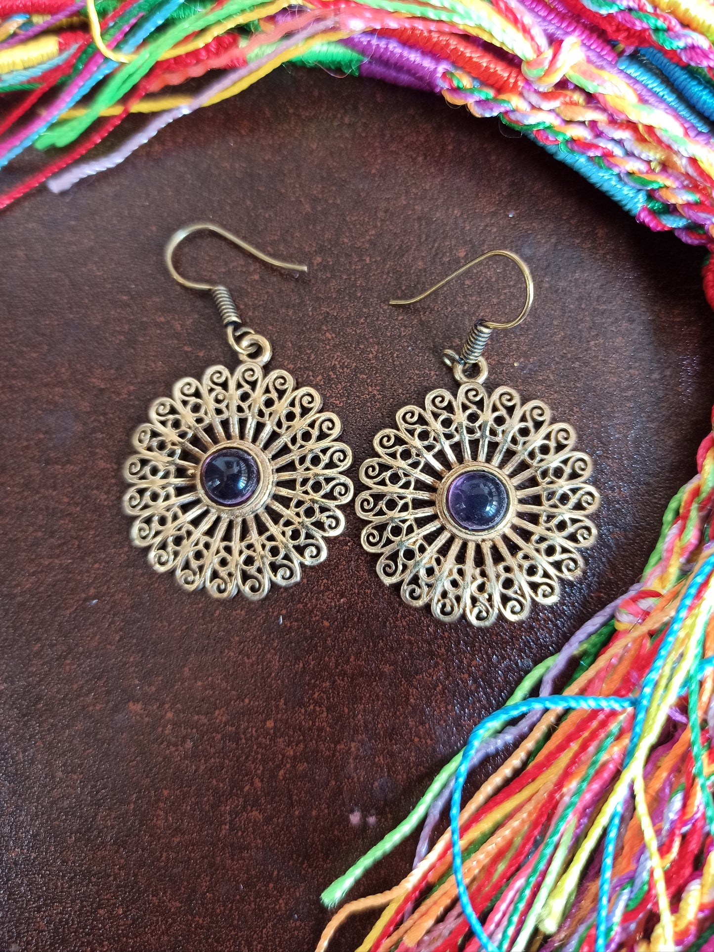 Purple rosette golden boho earrings