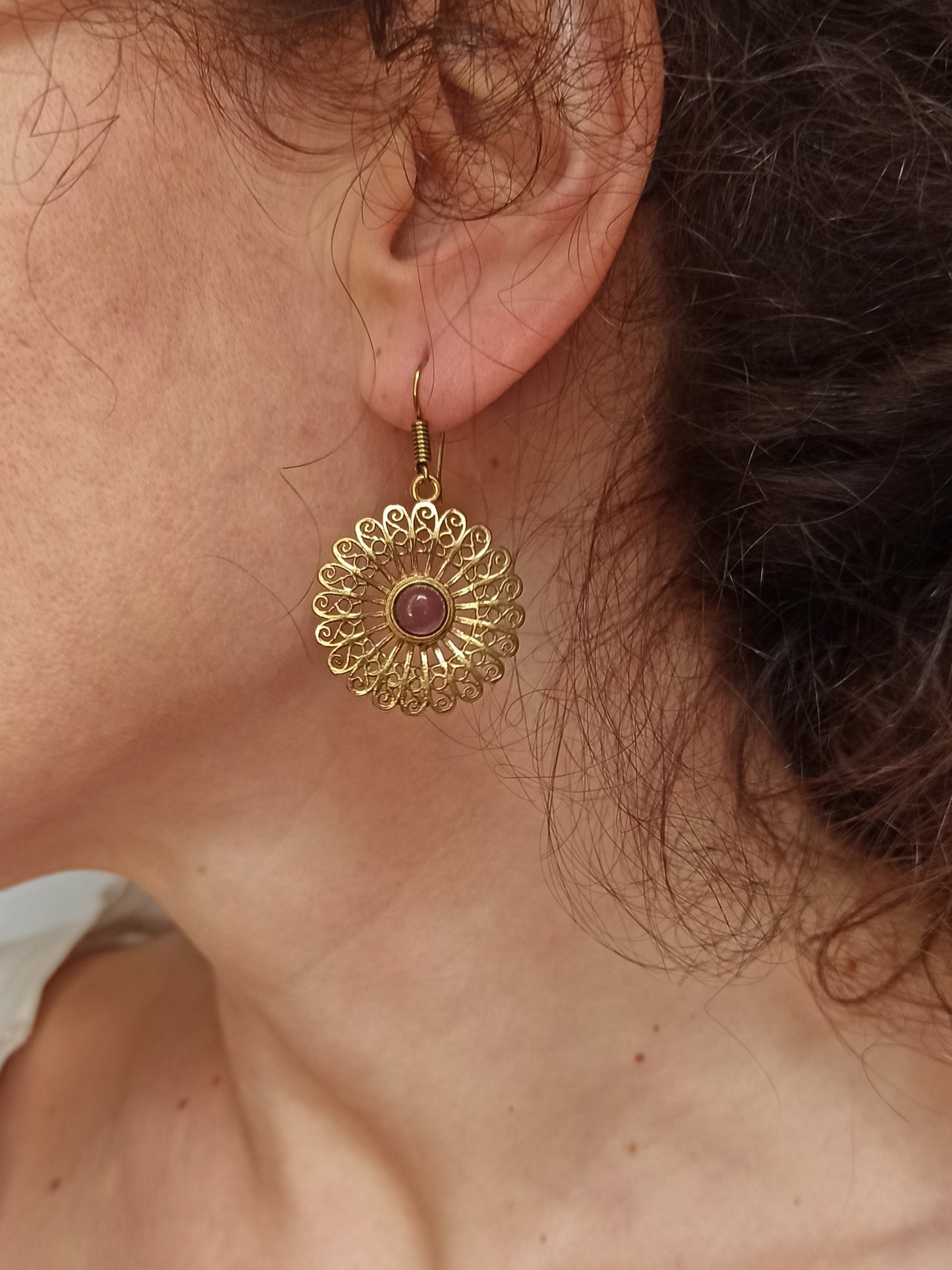 Purple rosette golden boho earrings