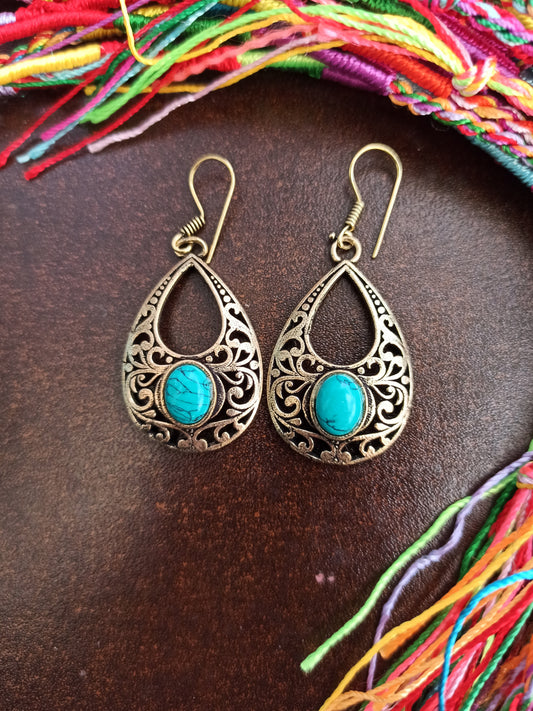 Turquoise pierced drop golden boho earrings