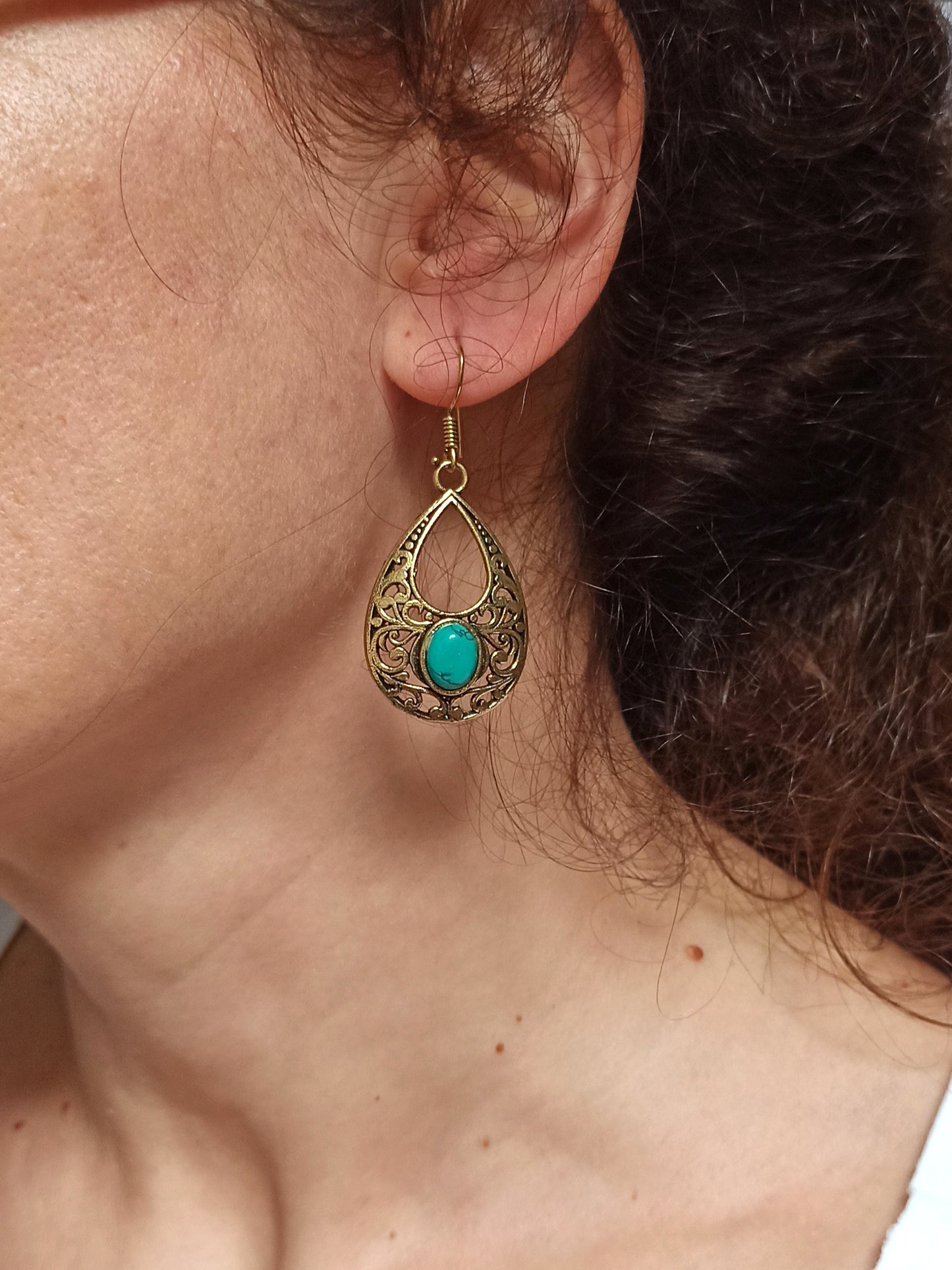 Turquoise pierced drop golden boho earrings