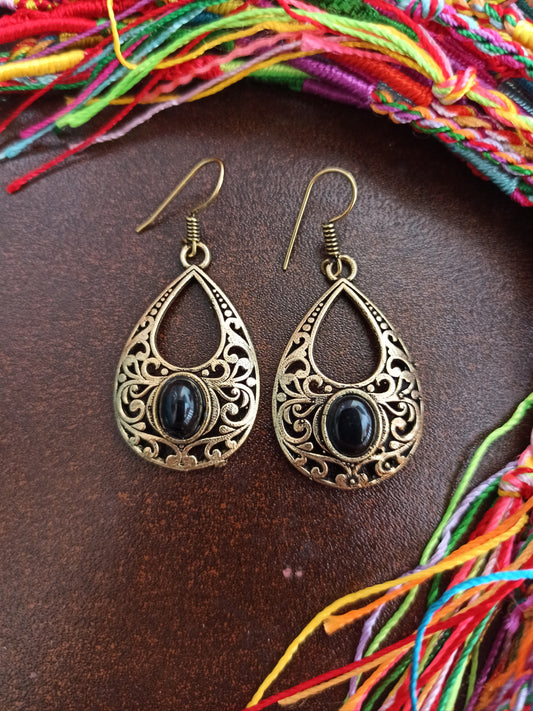 Golden boho earrings with black pierced drop