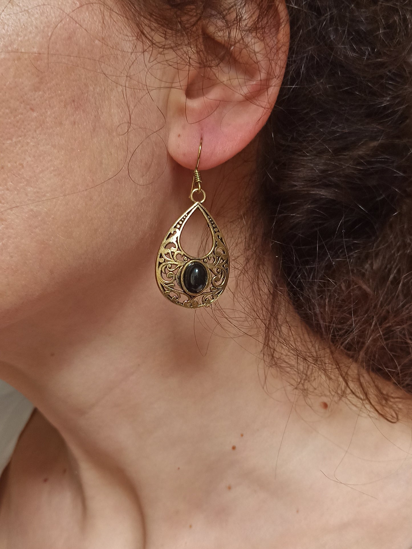 Golden boho earrings with black pierced drop