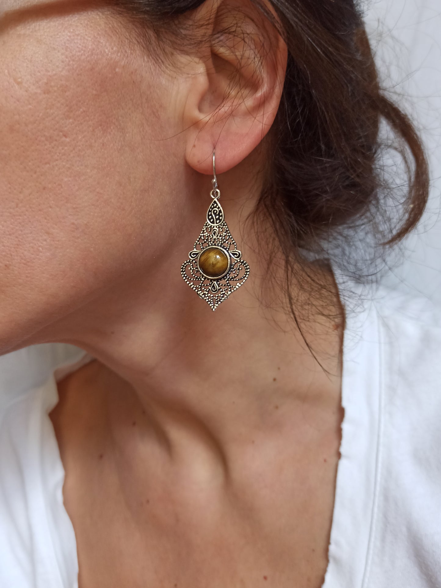 Hawa Mahal tiger eye silver boho earrings