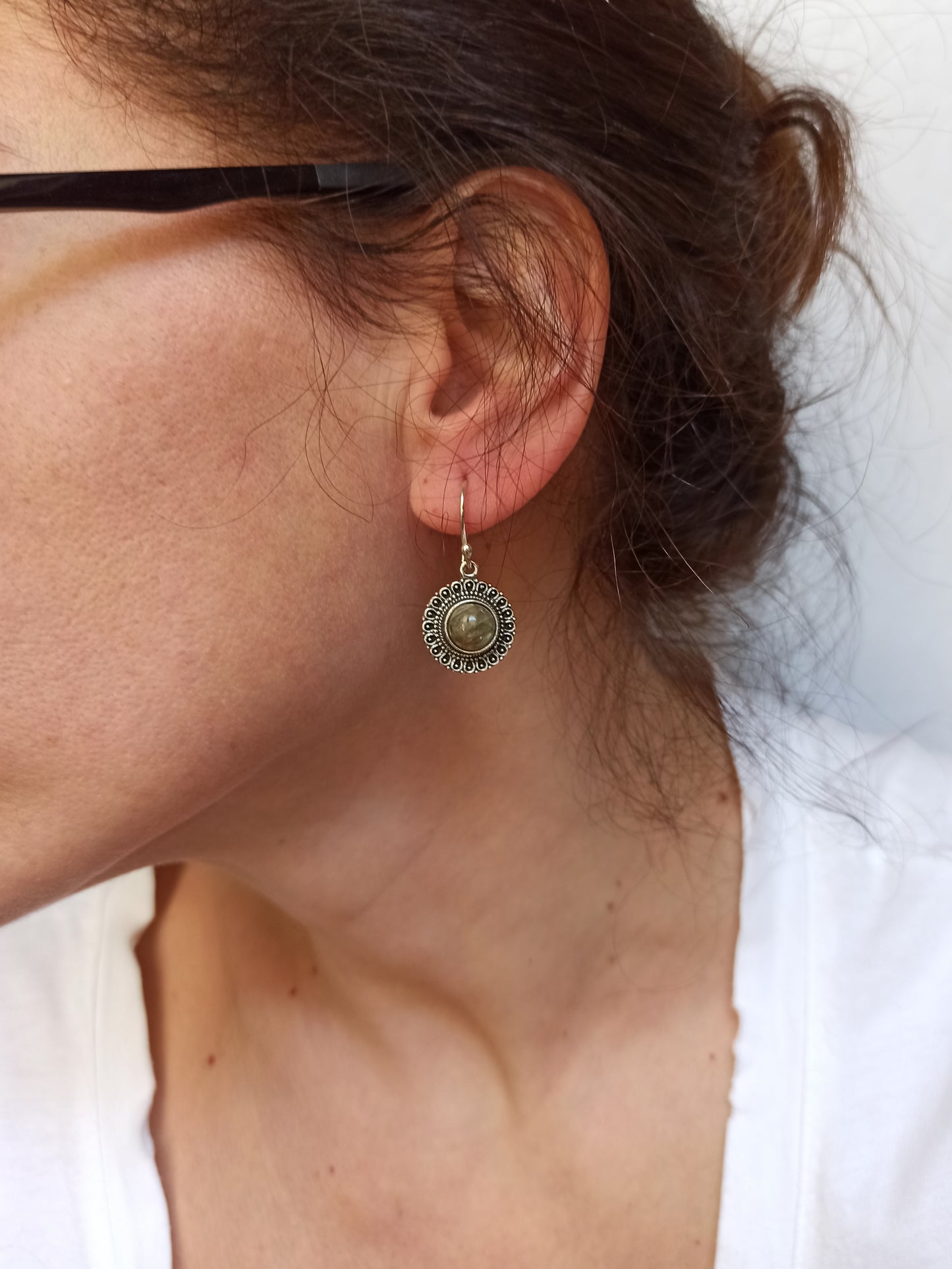 Boho silver labradorite hoop earrings