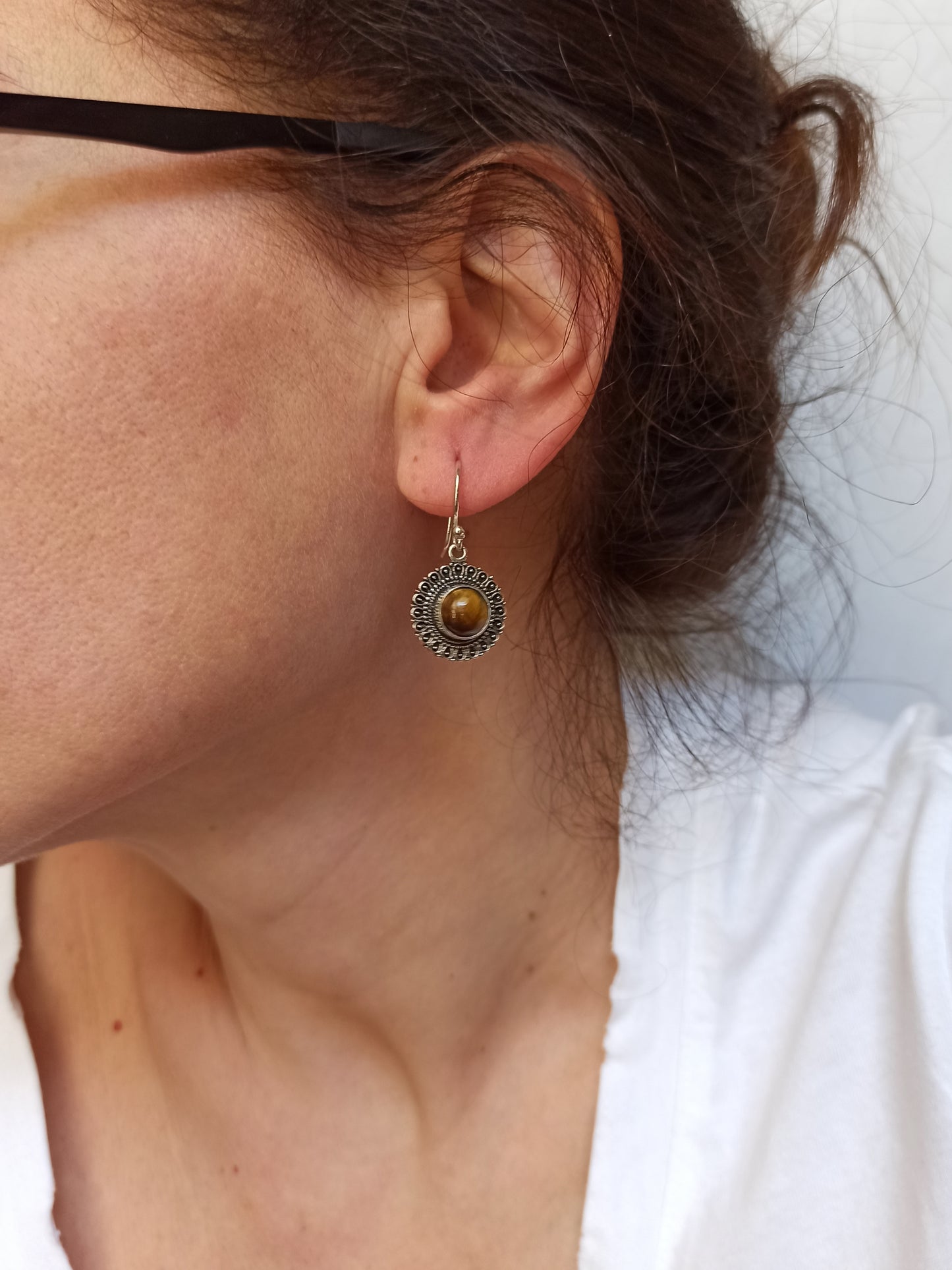 Boho silver tiger eye circle earrings