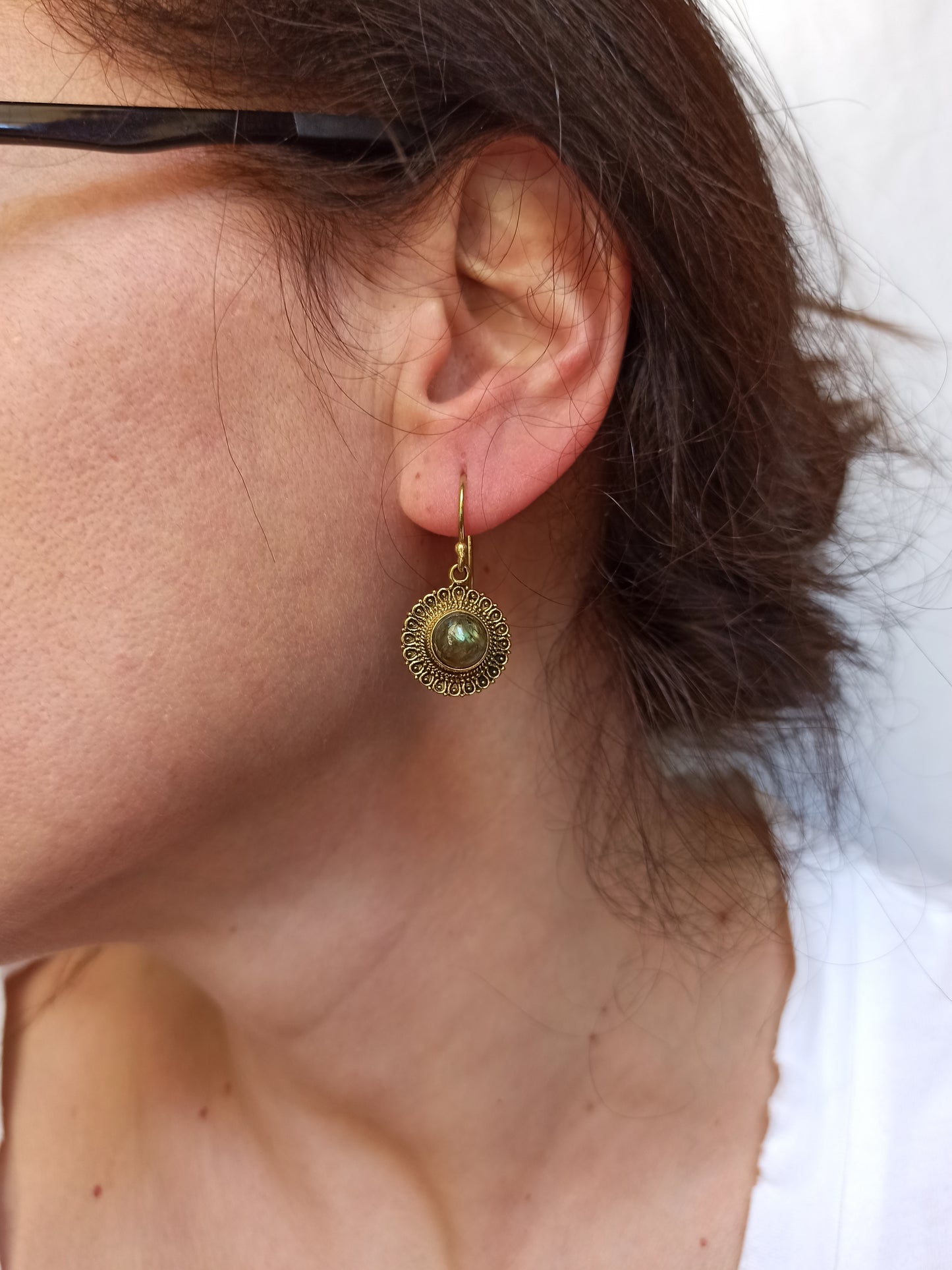 Boho golden labradorite hoop earrings