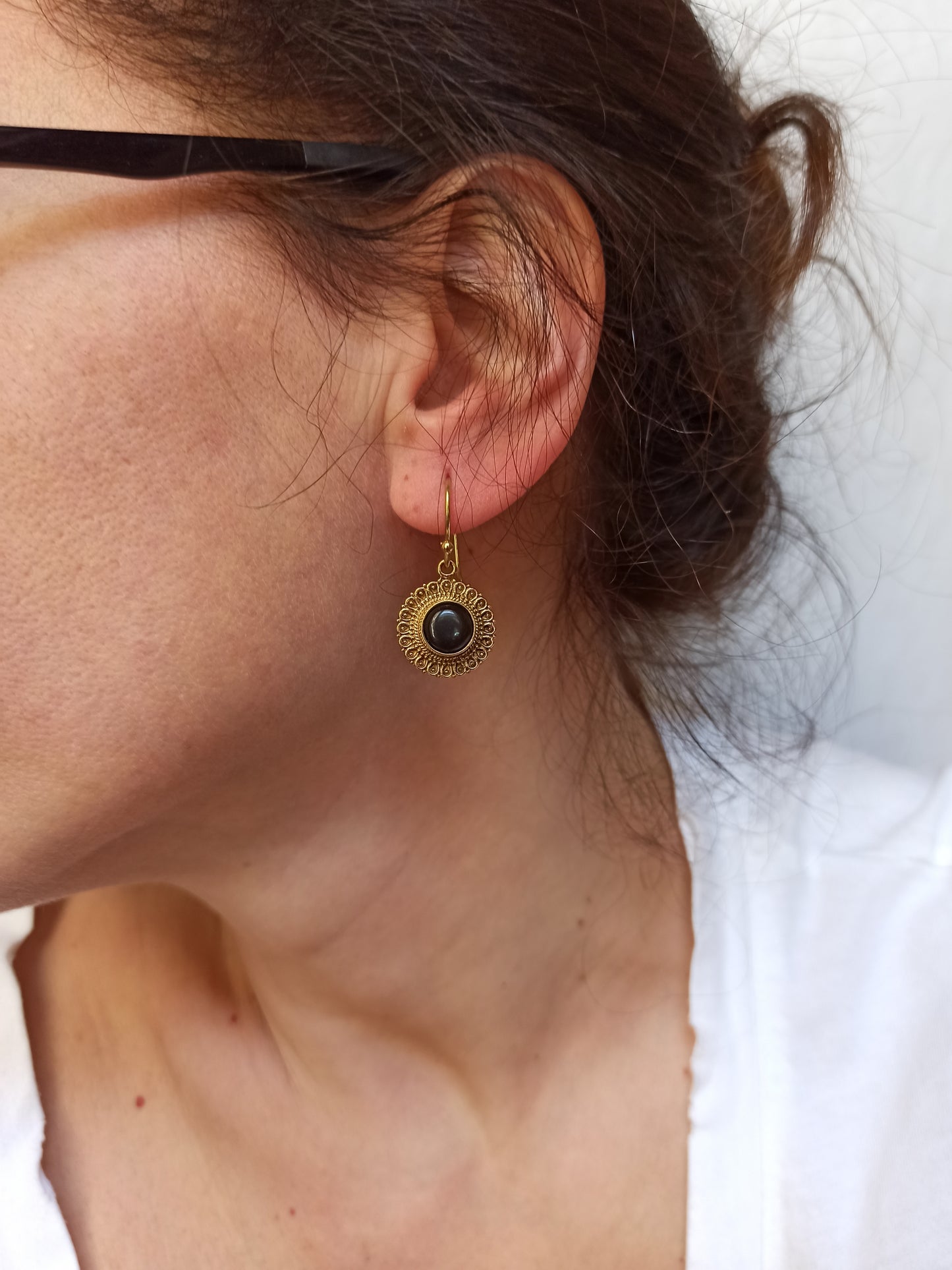 Golden boho earrings with black onyx circle