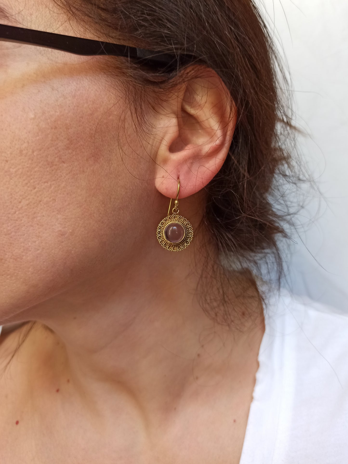 Golden boho earrings with purple circle