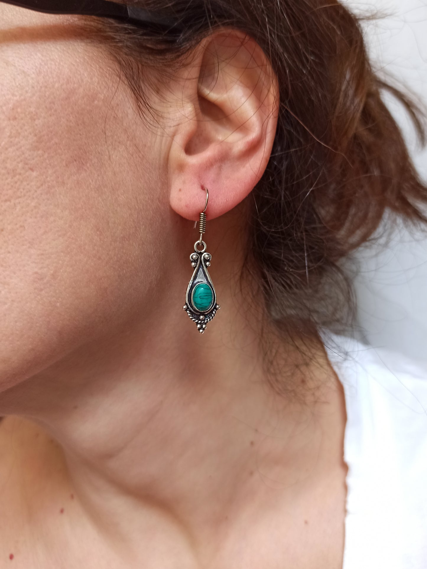 Turquoise oval drop silver boho earrings