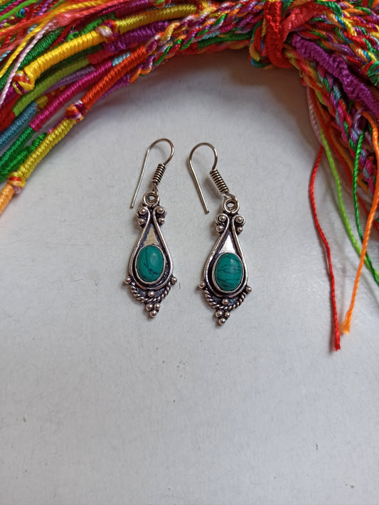 Turquoise oval drop silver boho earrings