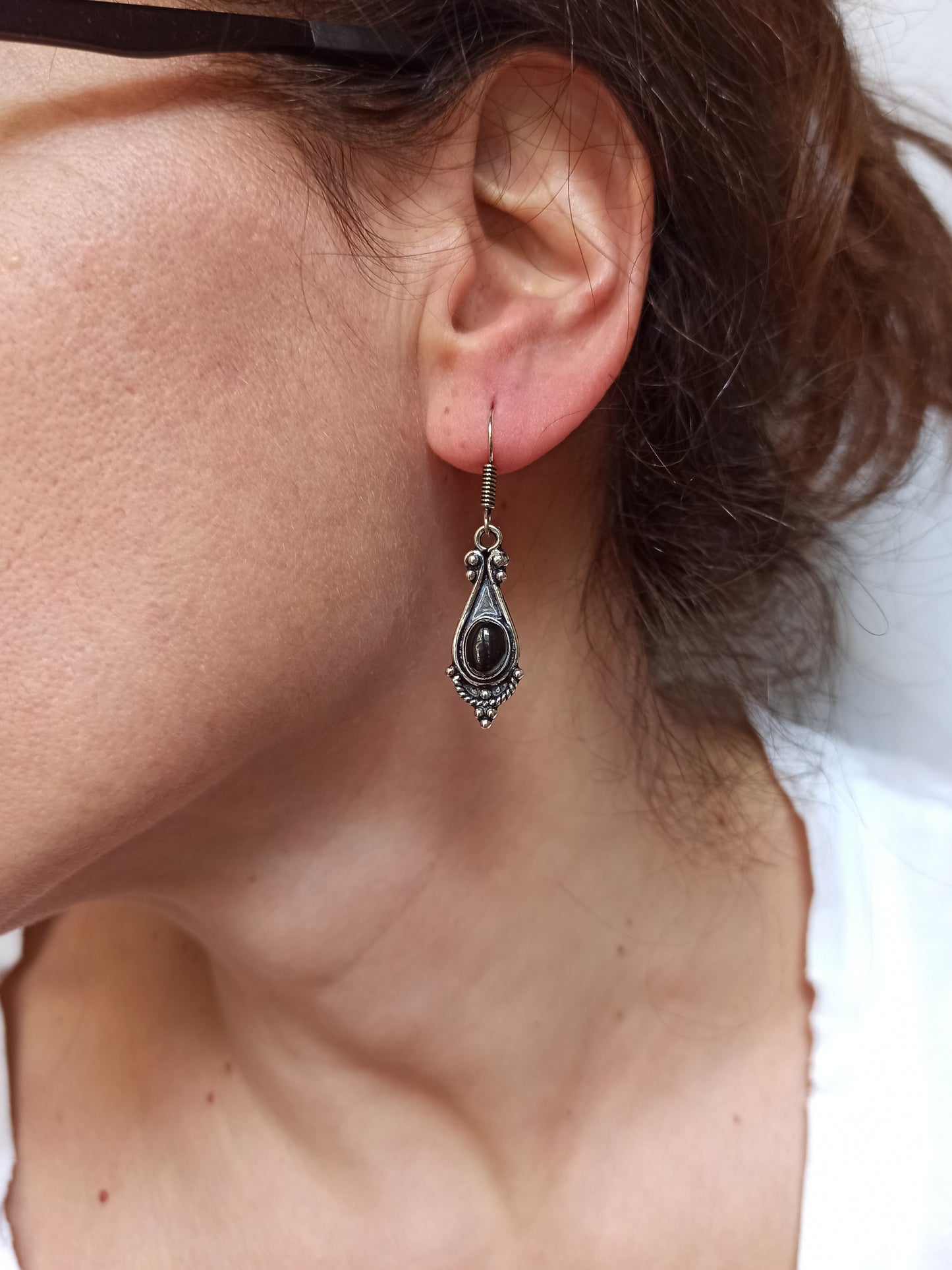 Black onyx oval drop silver boho earrings