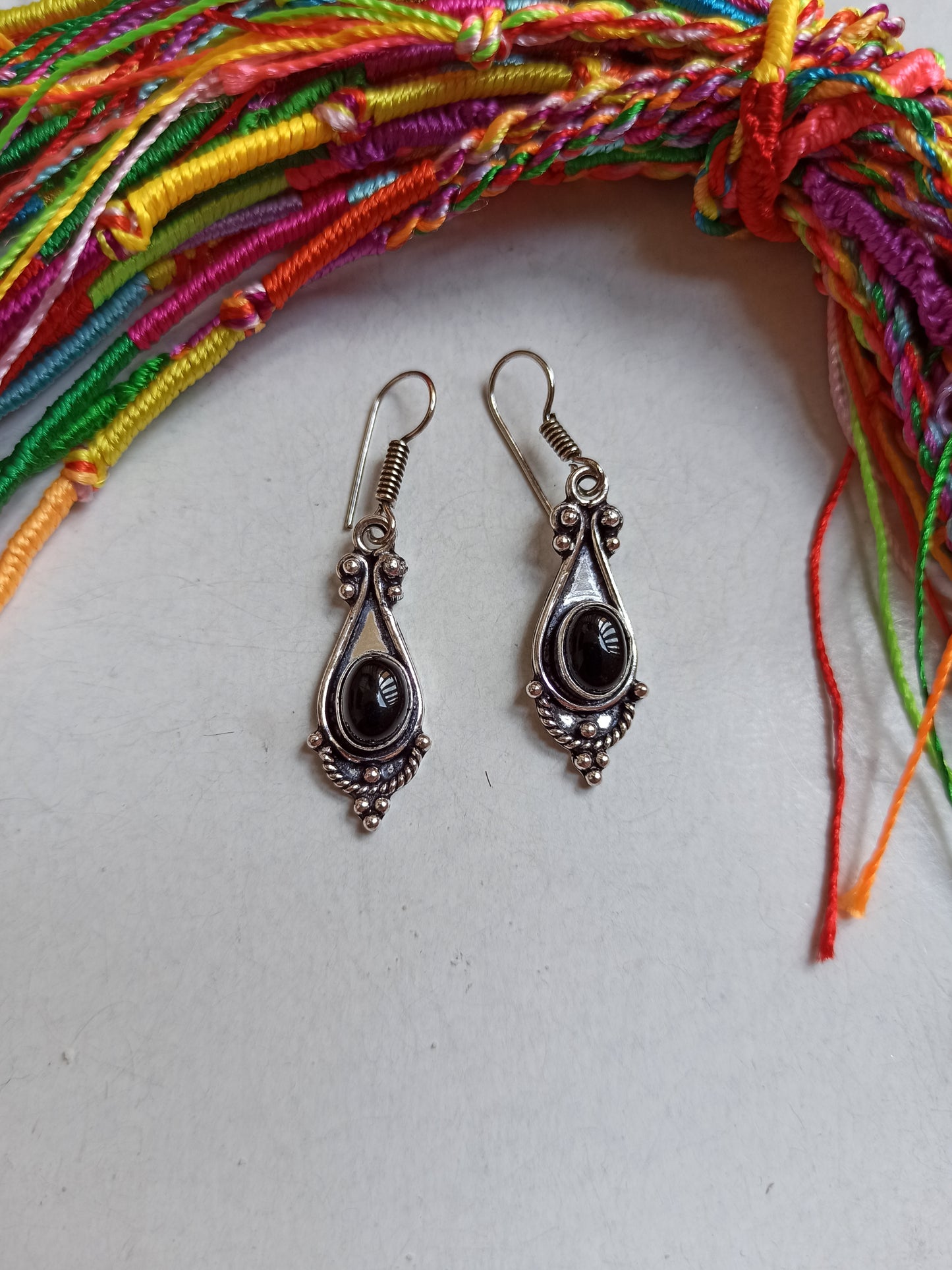 Black onyx oval drop silver boho earrings