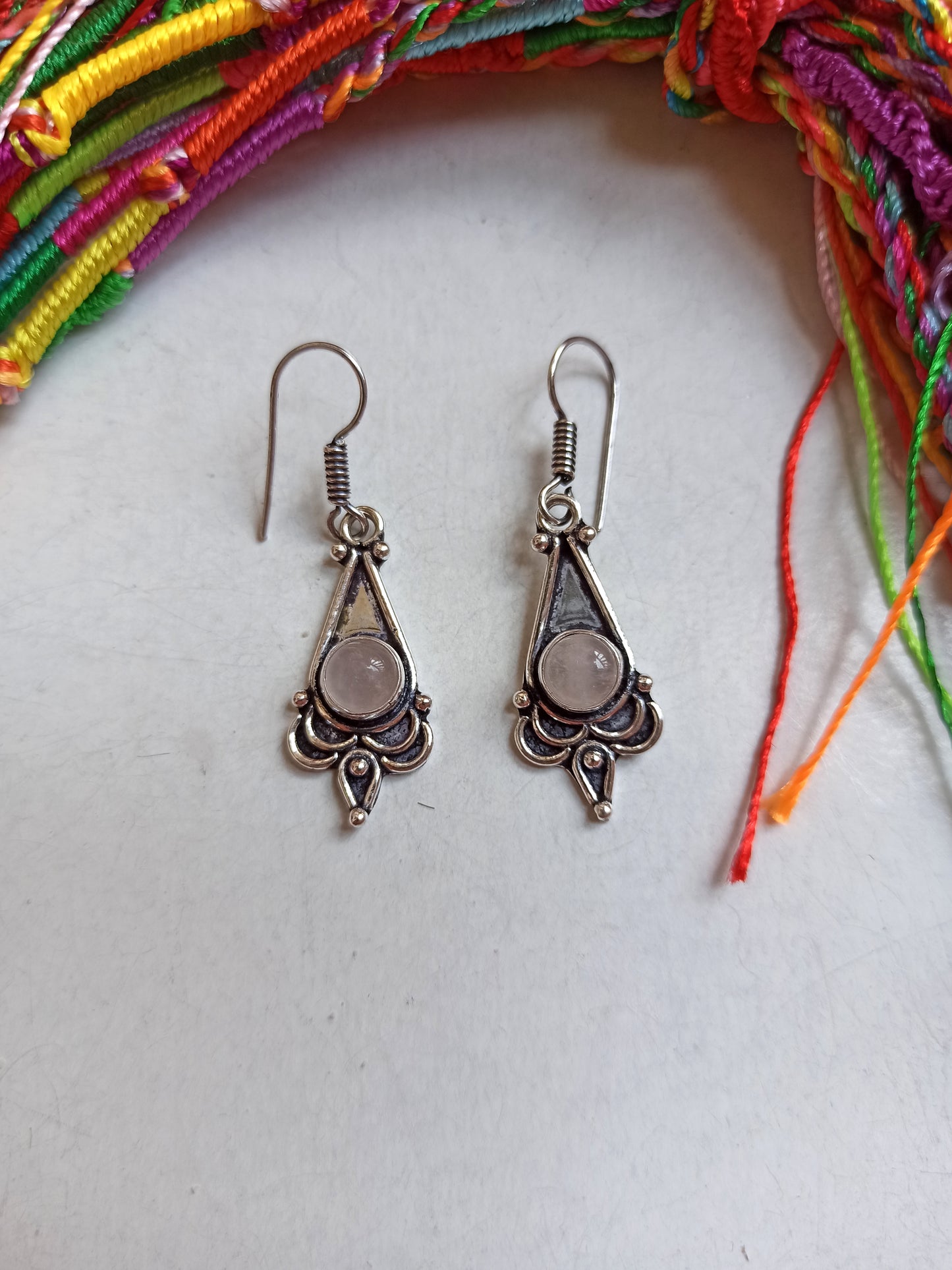 Silver-plated boho earrings with rose quartz lotus tip