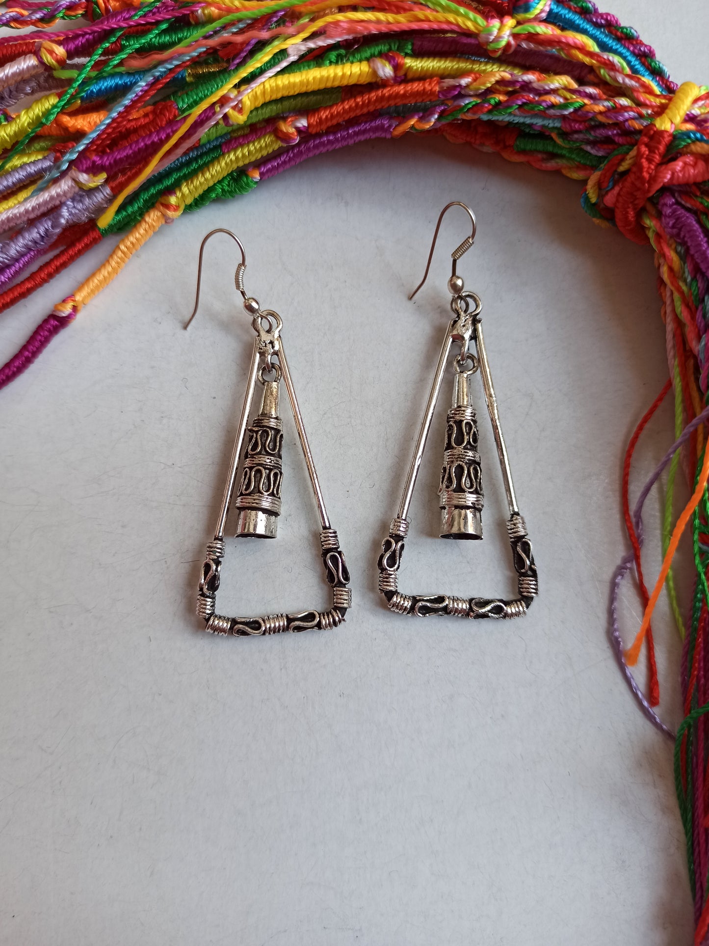 Boho silver tribal triangle earrings