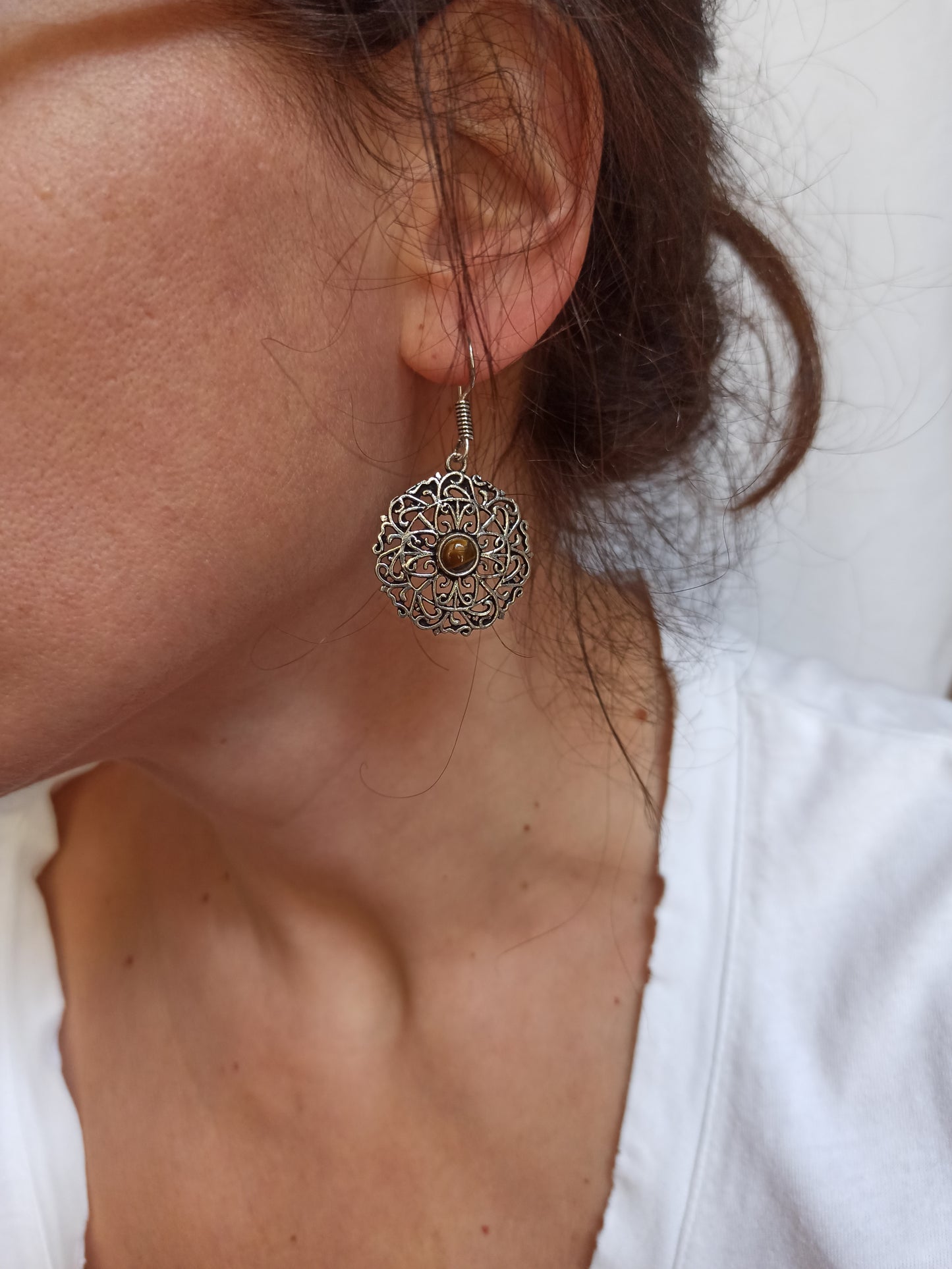 Brown rosette silver boho earrings