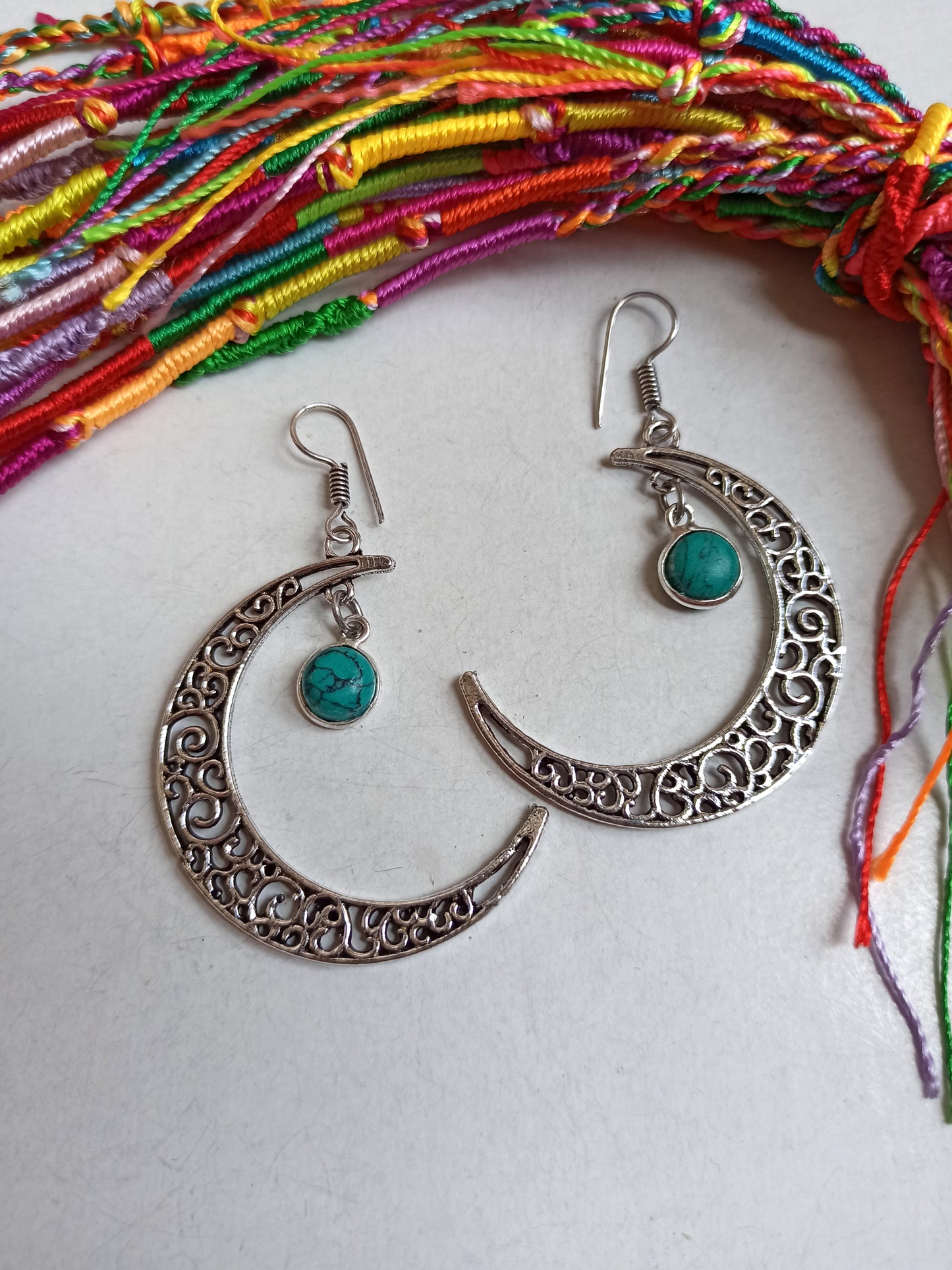 Turquoise moon silver boho earrings