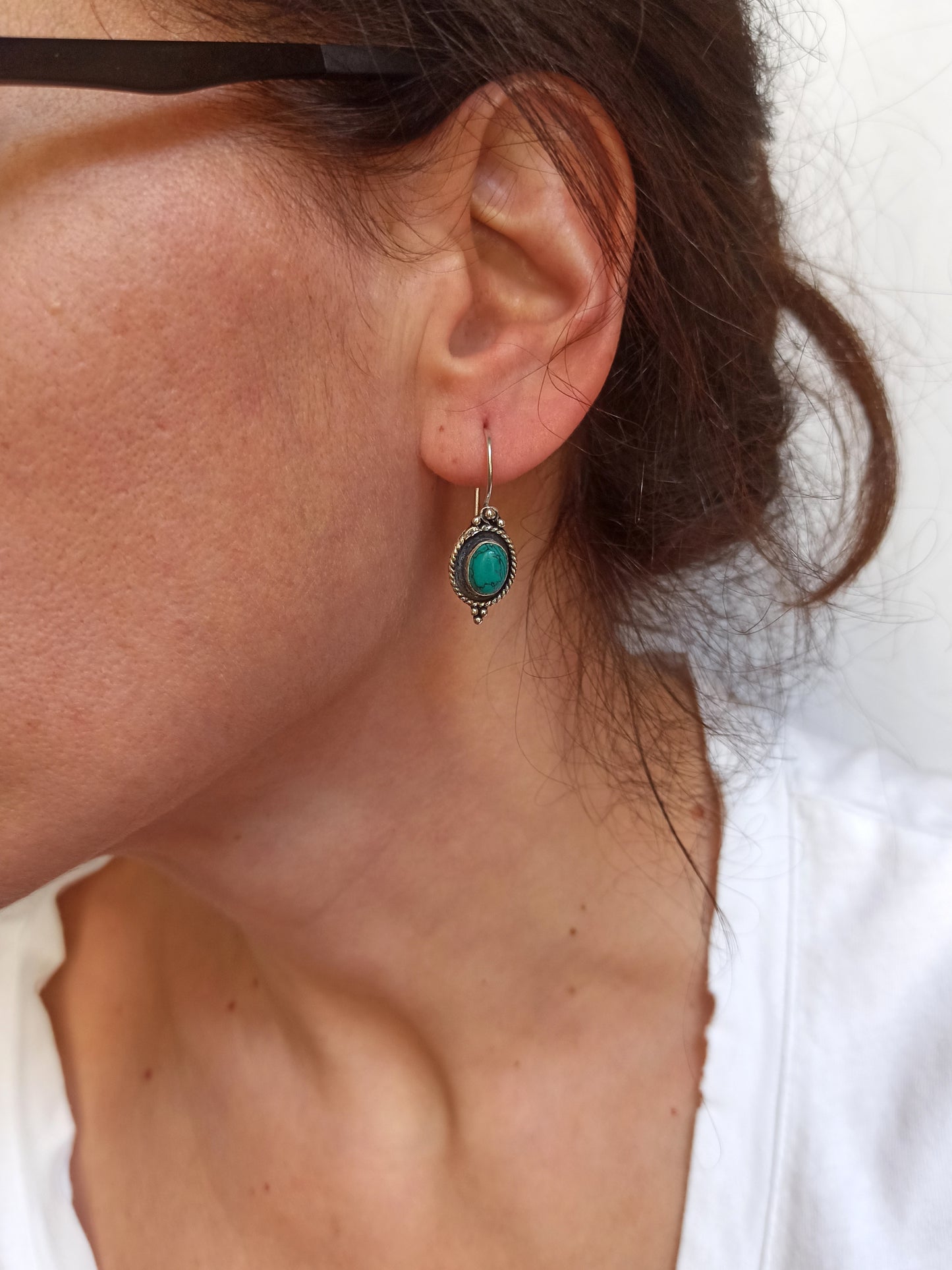 Turquoise oval silver boho earrings