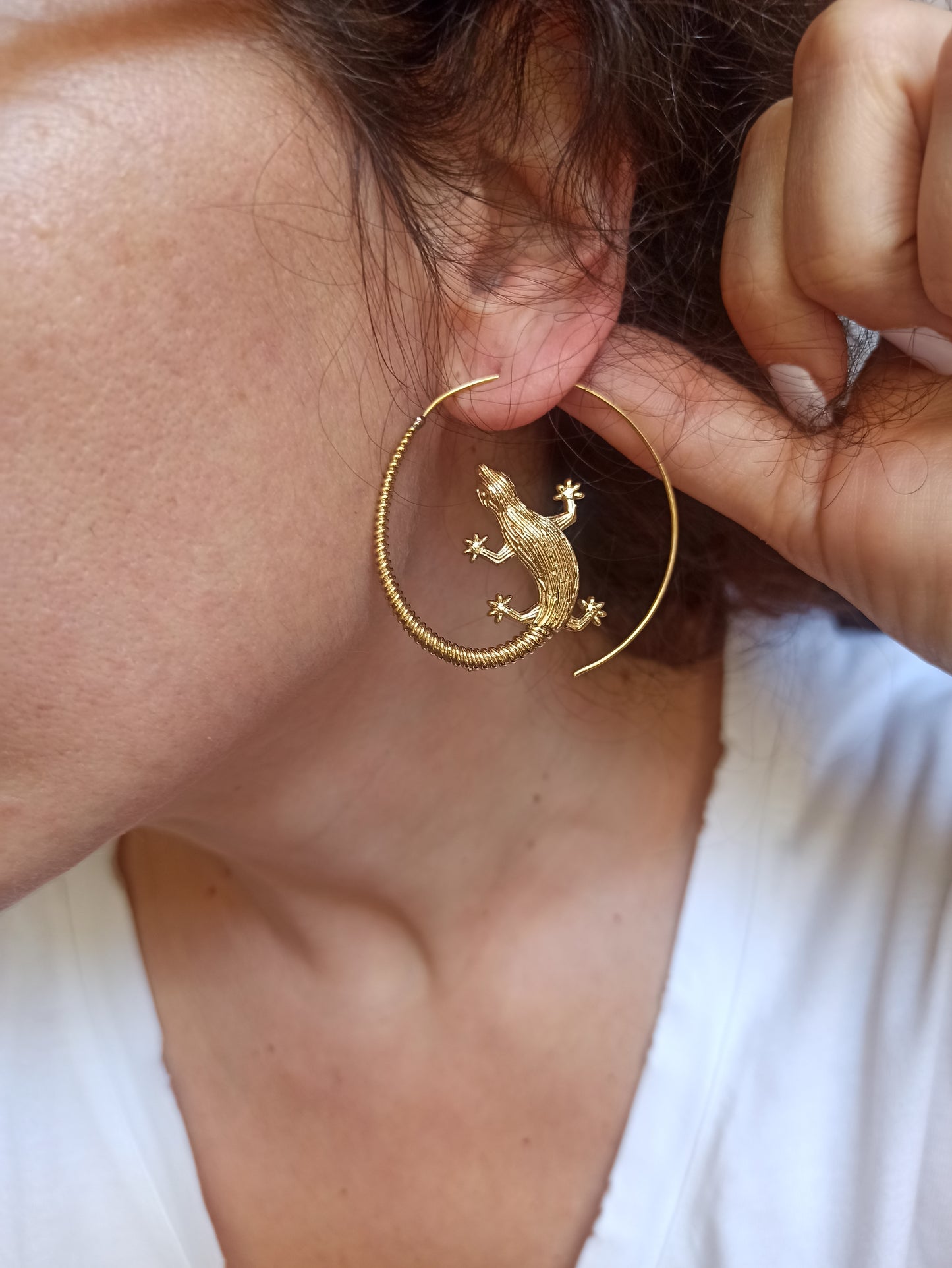 Boho golden spiral gecko earrings