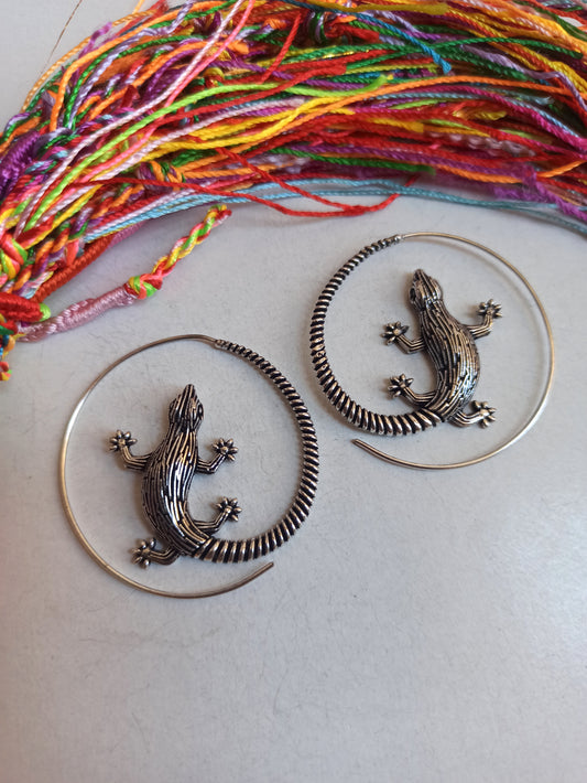 Boho silver spiral gecko earrings