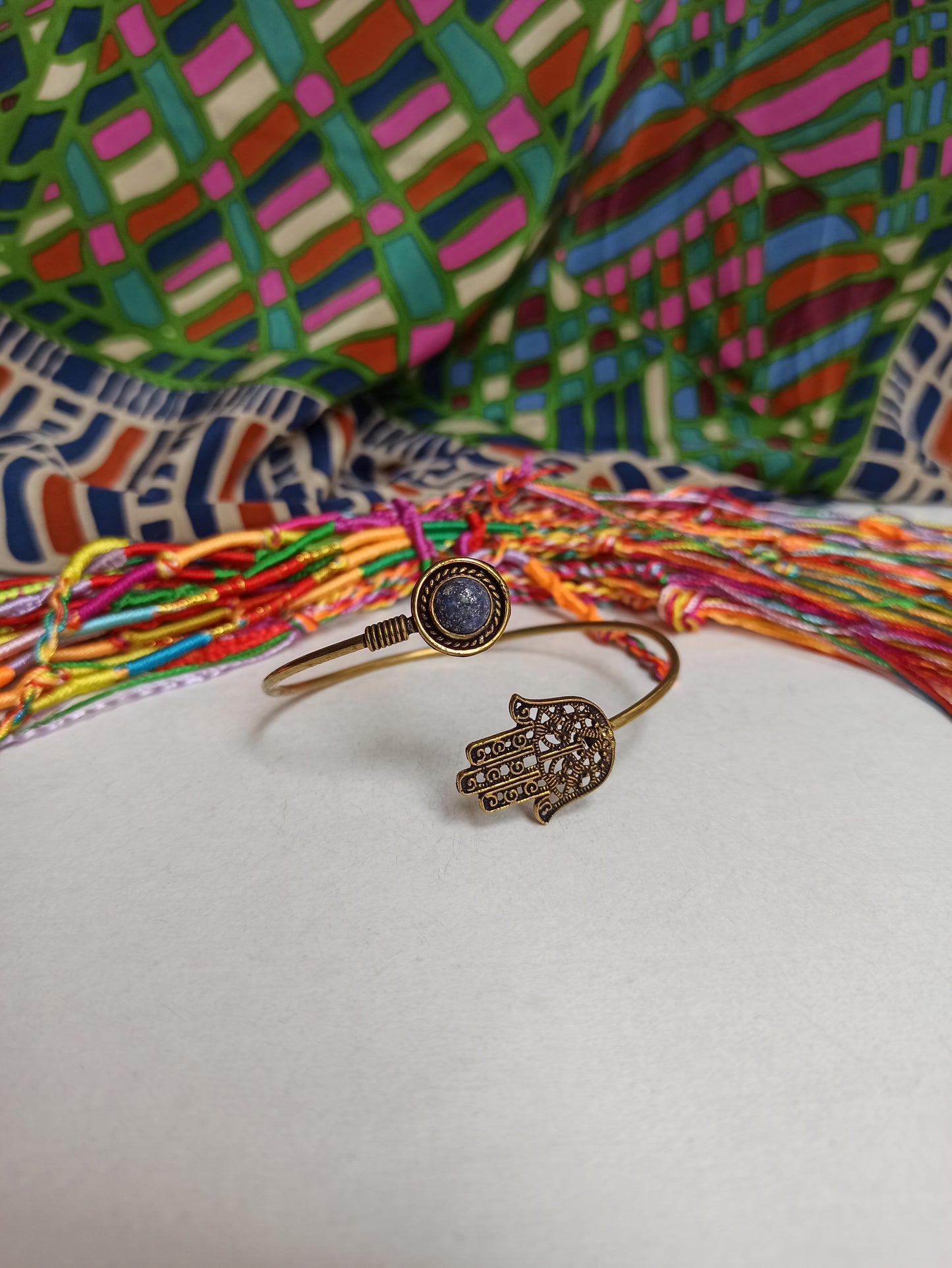 Golden boho bracelet hand of Fatima lapis