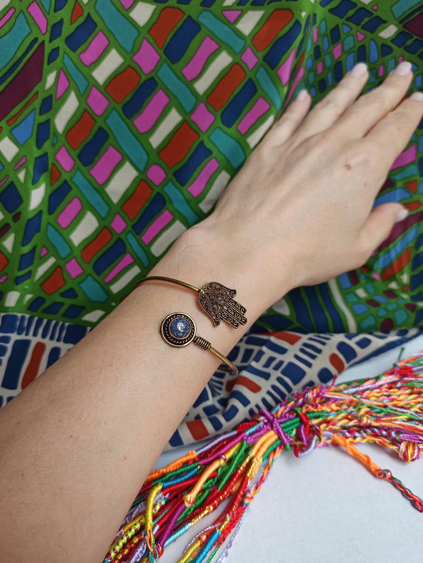 Golden boho bracelet hand of Fatima lapis