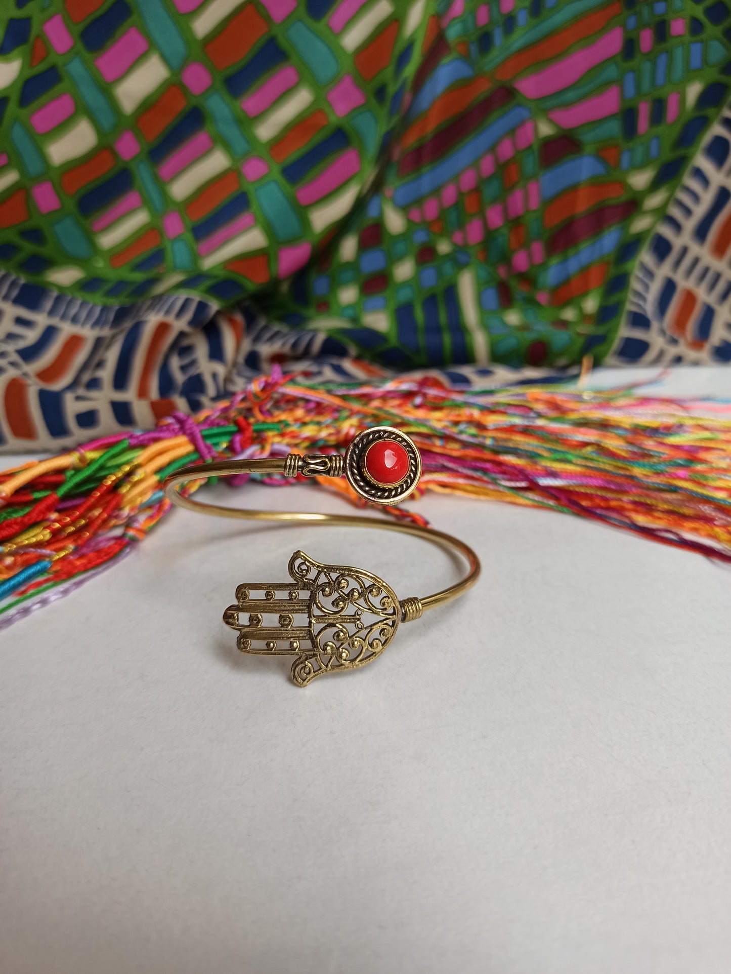 Hand of Fatima golden boho bracelet red