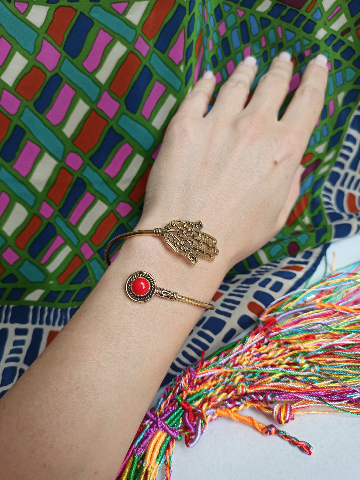 Hand of Fatima golden boho bracelet red