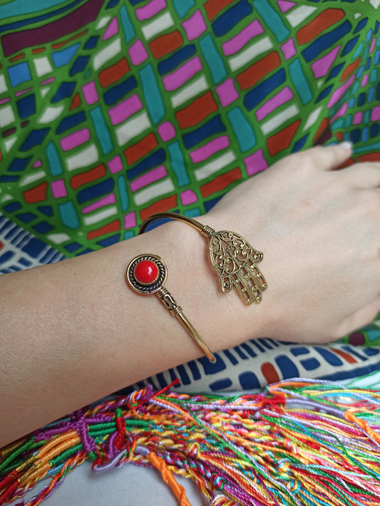 Hand of Fatima golden boho bracelet red