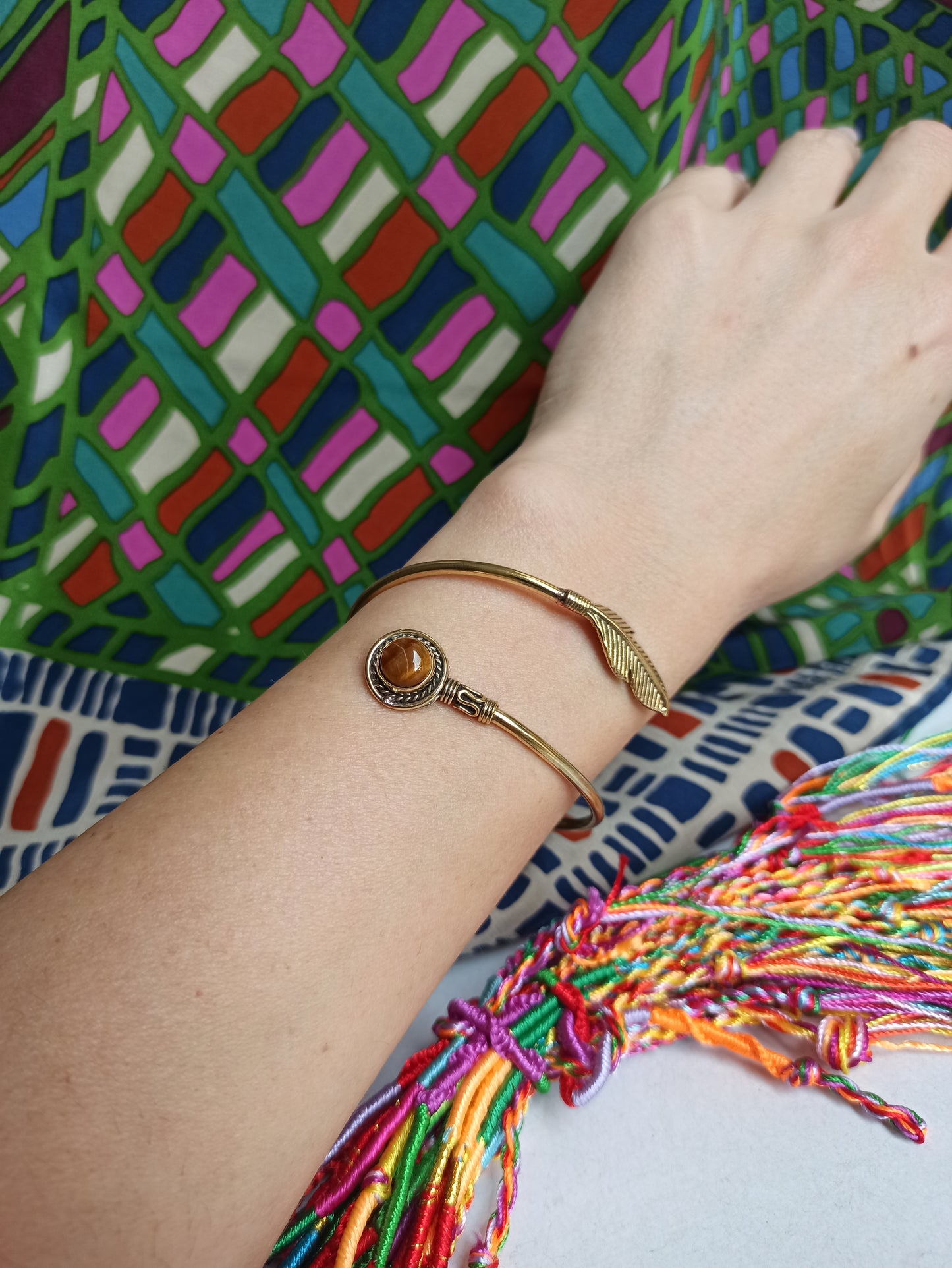 Brown feather golden boho bracelet