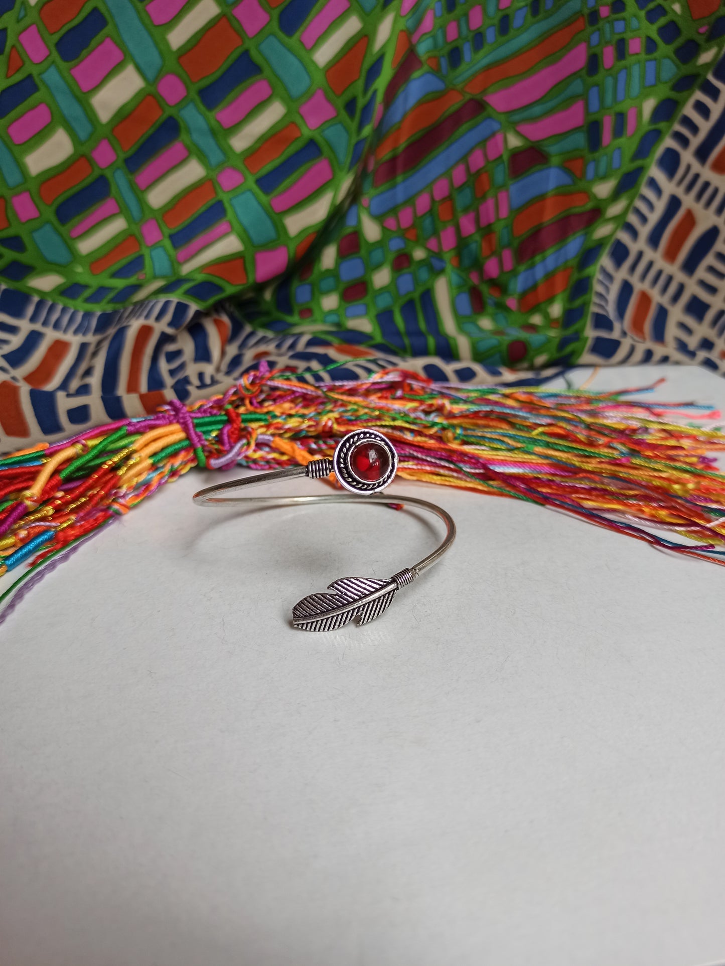 Red feather silver boho bracelet