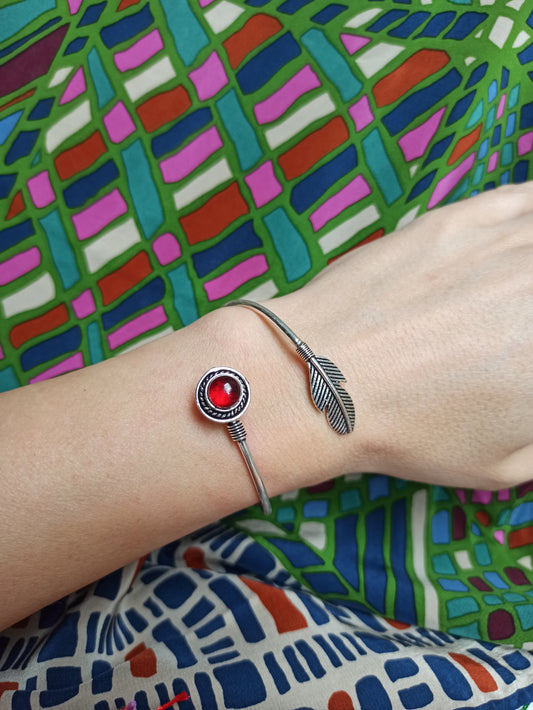 Red feather silver boho bracelet