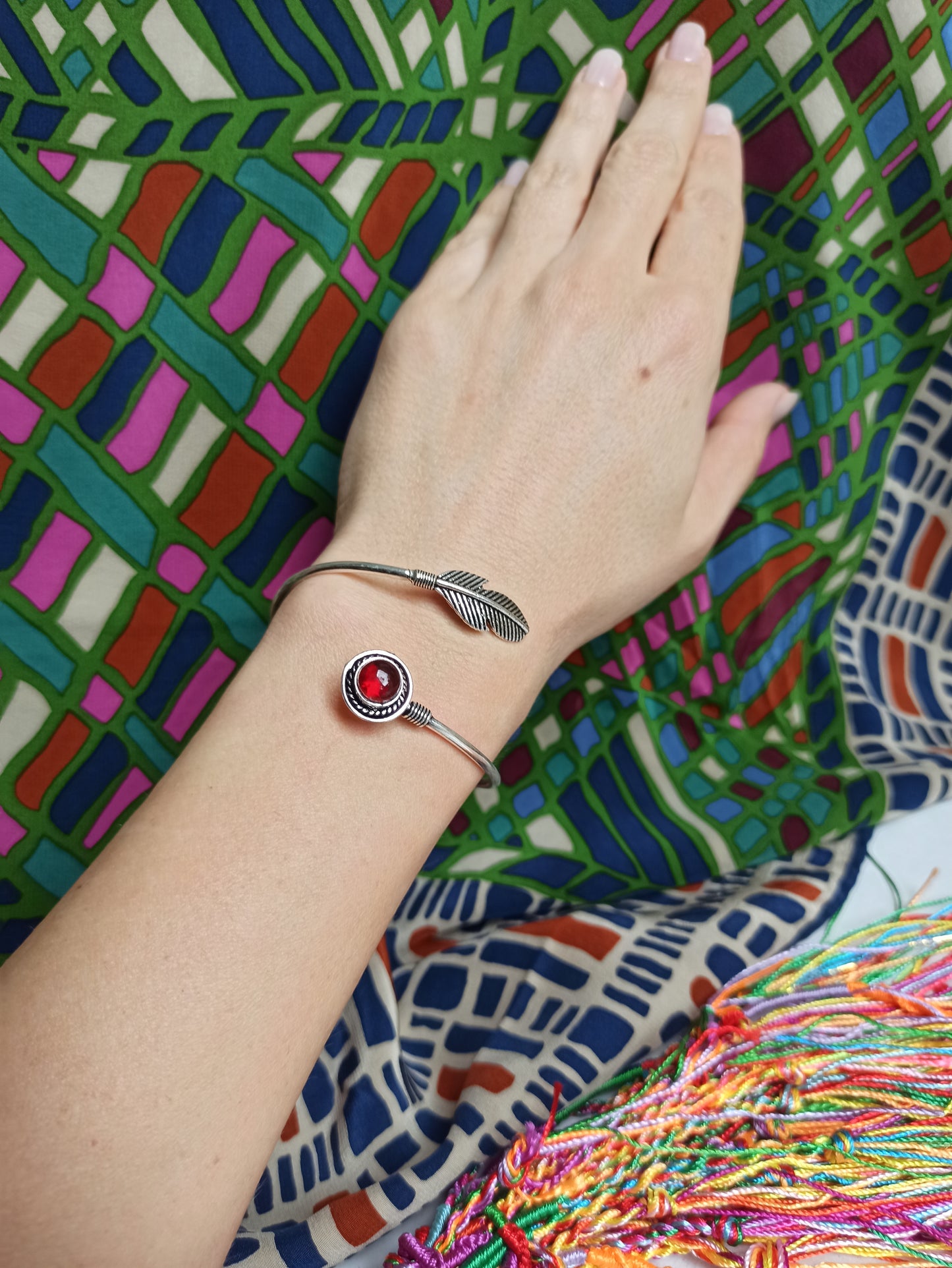 Red feather silver boho bracelet