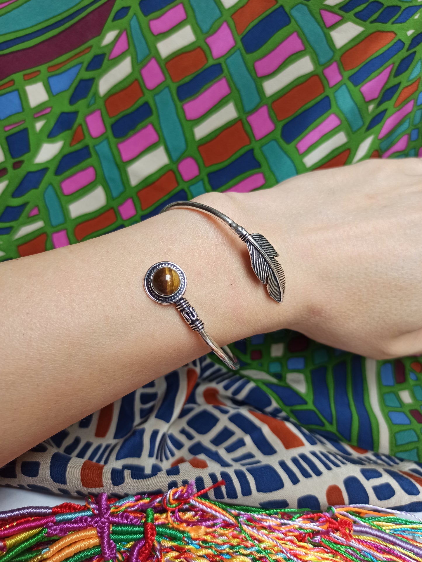 Brown feather silver boho bracelet