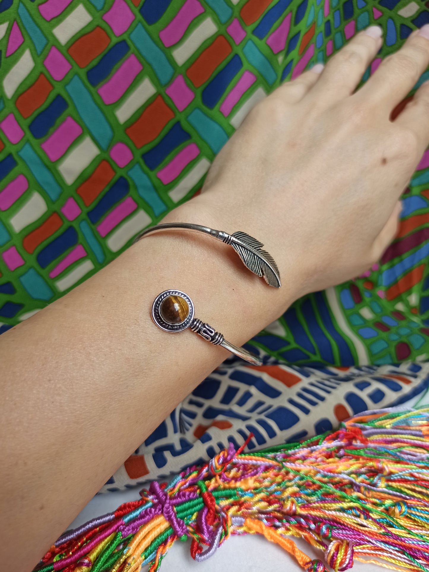 Brown feather silver boho bracelet