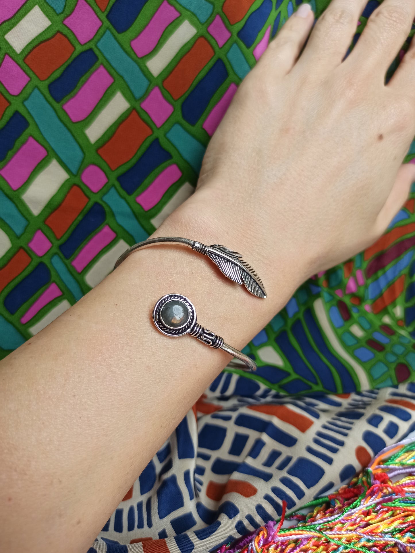 Silver boho feather bracelet