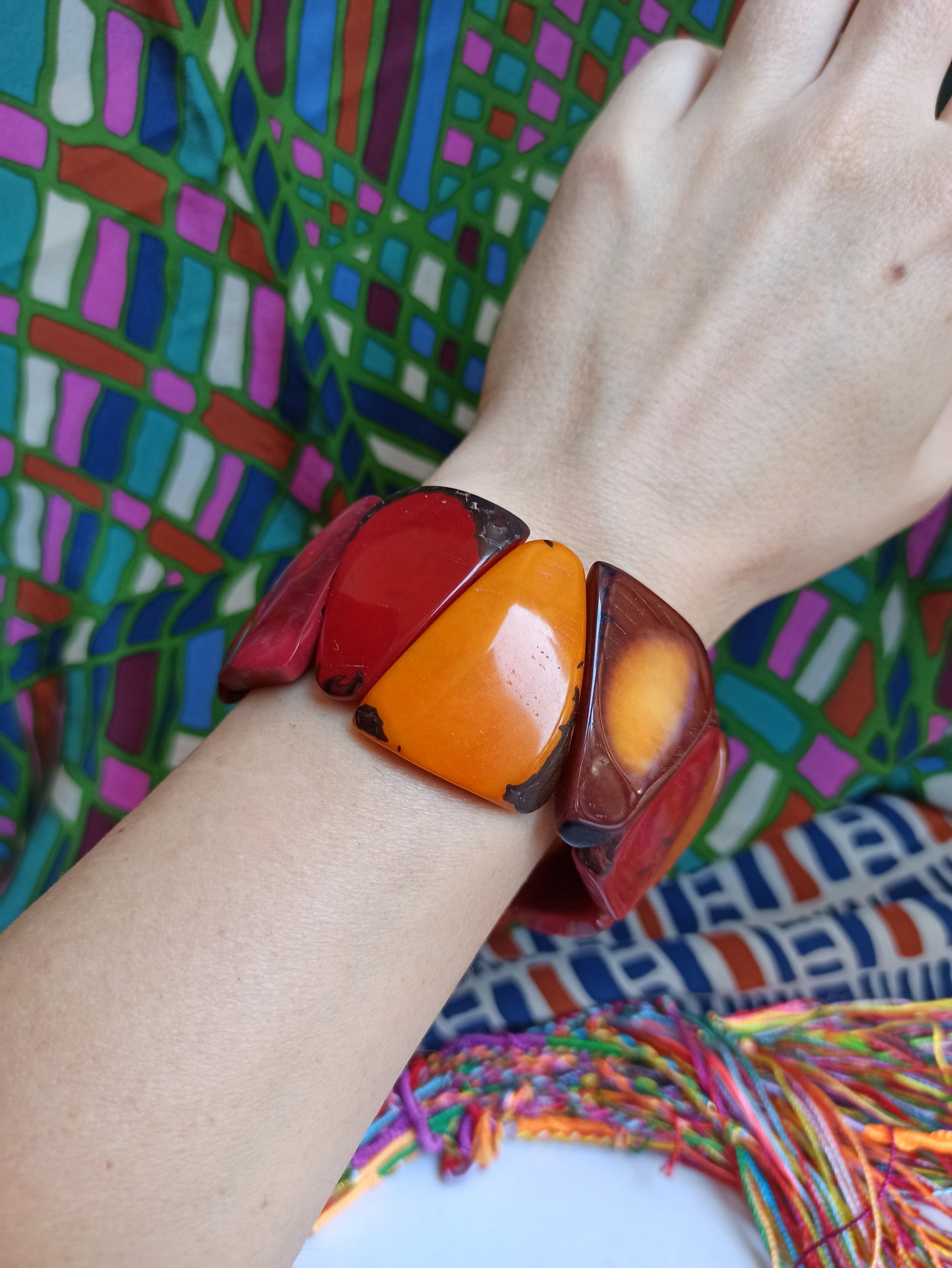 Orange red tagua elastic bracelet