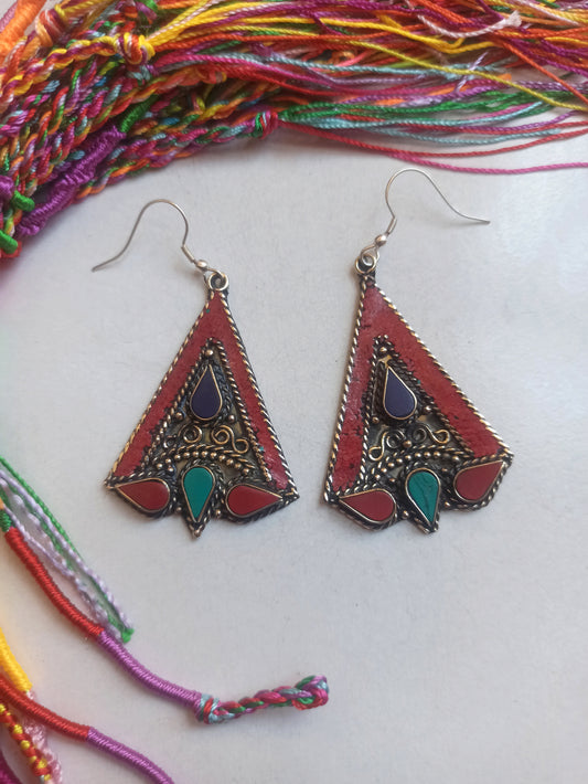 Blue red and turquoise Nepalese earrings