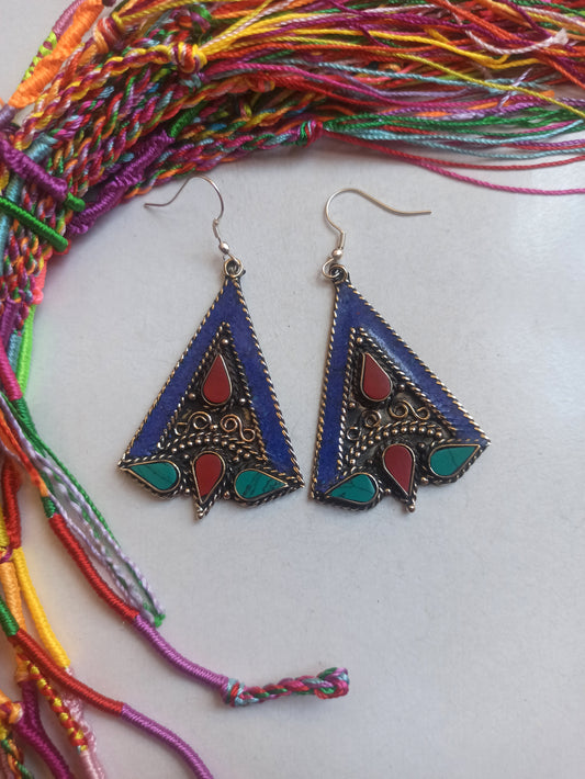 Blue red and turquoise Nepalese earrings