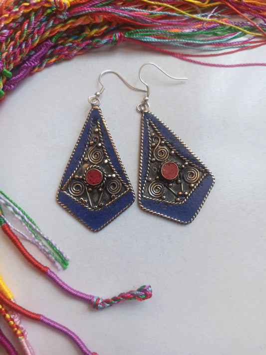 Blue and red Nepalese earrings