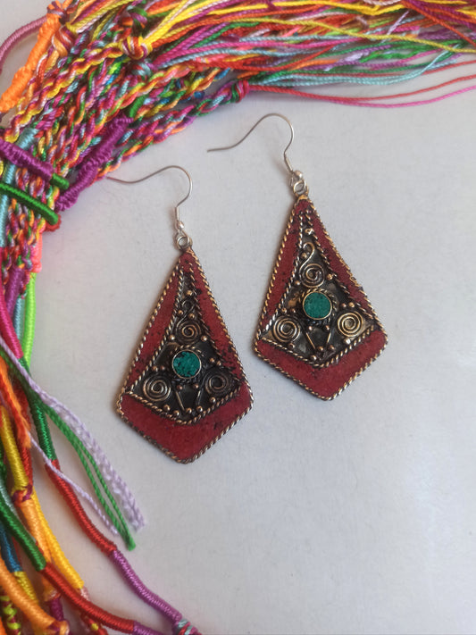 Red and turquoise Nepalese earrings